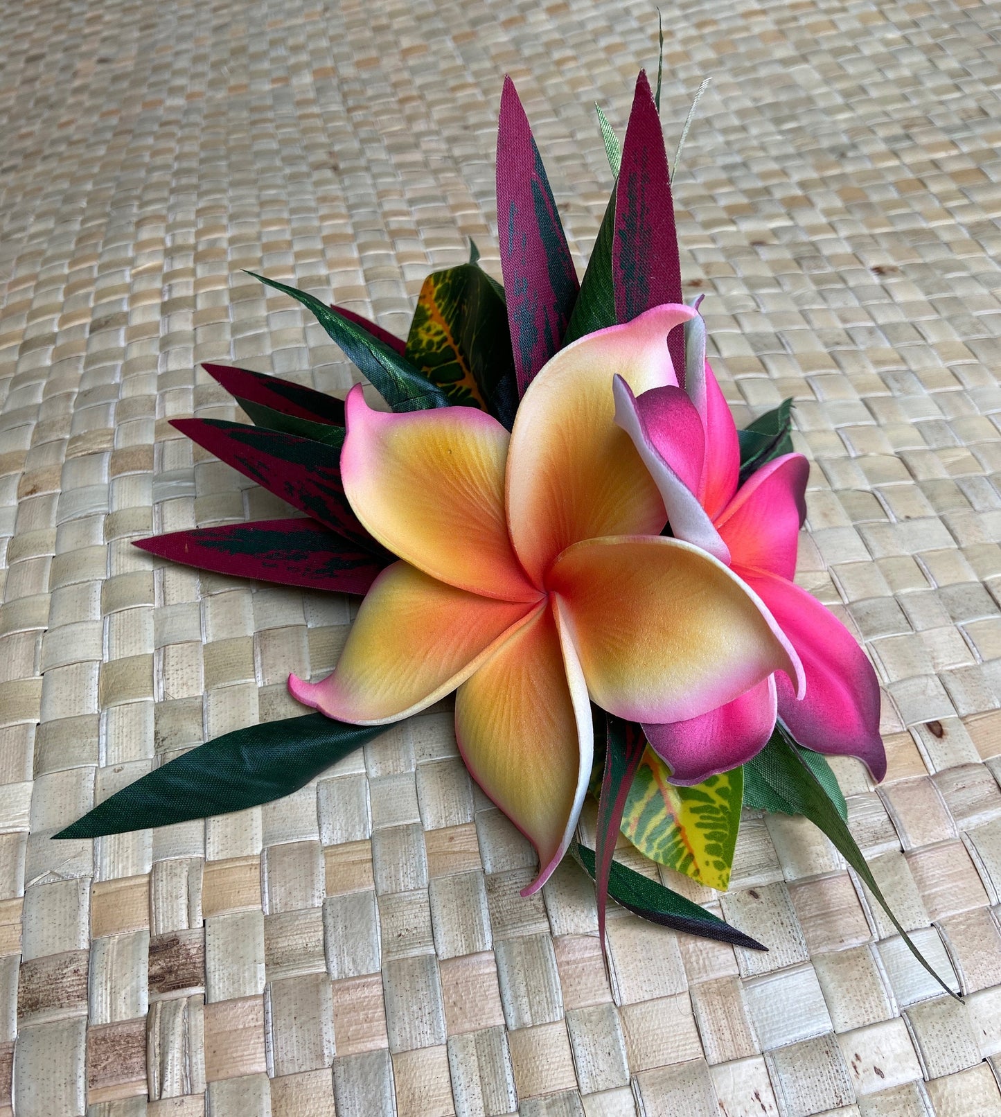 Hawaiian Hair Clip Tahitian Adornment Aparima Ahuroa Statement Piece Sunrise Sunset Twin Plumeria Vintage Tropical Elegant Hair Pin
