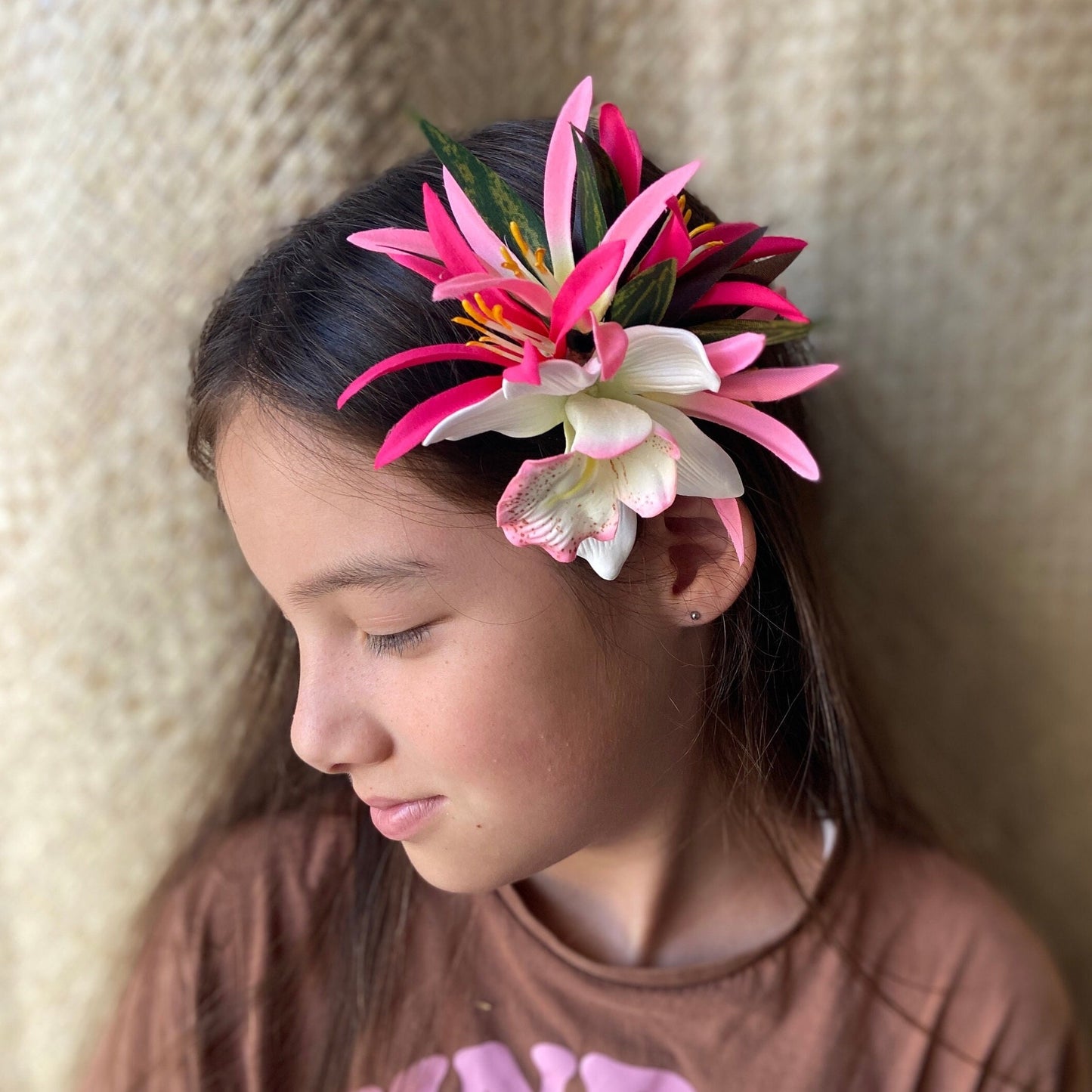 Hawaiian Flower Hair Clip Tahitian Costume Accessories Orchid & Spider Lily Artificial Ti Leaf Tropical Hairpin for Aparima Ahuroa Otea Solo