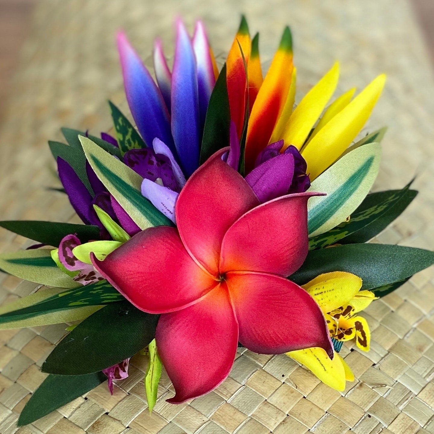 Hawaiian Hair Clip Tahitian Adornment Aparima Ahuroa Statement Piece Plumeria Orchid Bird of Paradise Artificial Ti Leaf Tropical Hair Pin