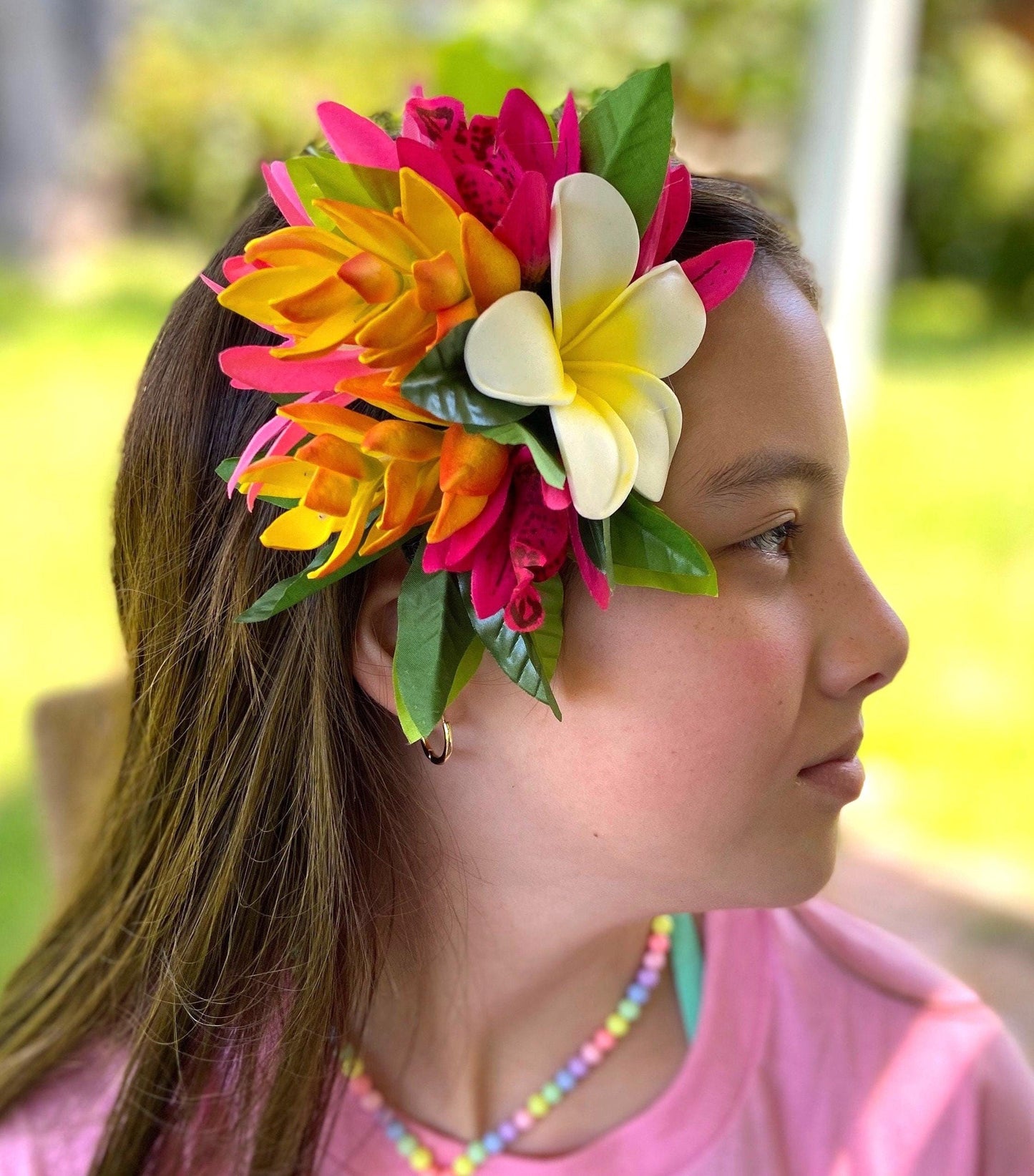 Hawaiian Ginger Plumeria Hair Clip Tahitian Headdress Costume Aparima Ahuroa Statement Piece Bridal Plumeria Artificial Ti Leaf Hair Pin