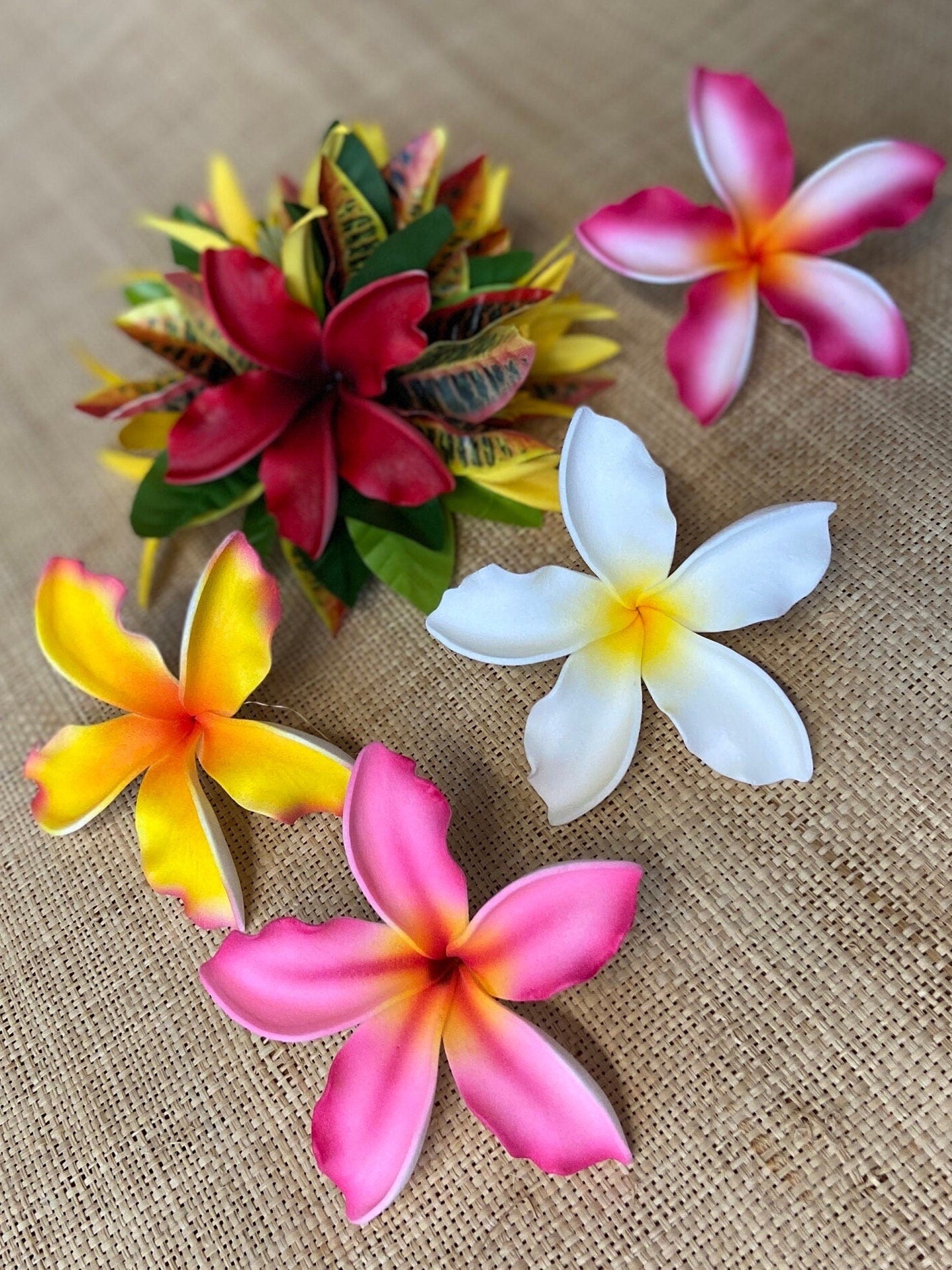 Ruffled Hawaiian Plumeria Hair Clip Tahitian Headdress Costume Aparima Ahuroa Statement Piece Croton Maile Floral Artificial Ti Leaf Hairpin