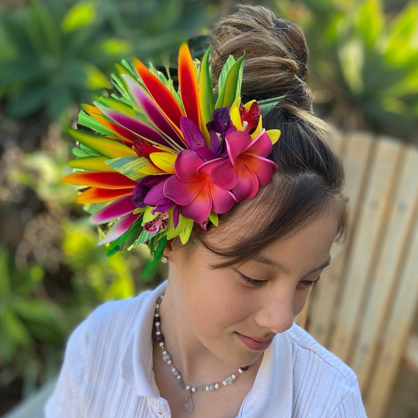Polynesian Plumeria Hair Clip Tahitian Headdress Costume for Aparima Ahuroa Hula Statement Piece Bridal Heliconia Orchid Fascinator Hair Pin