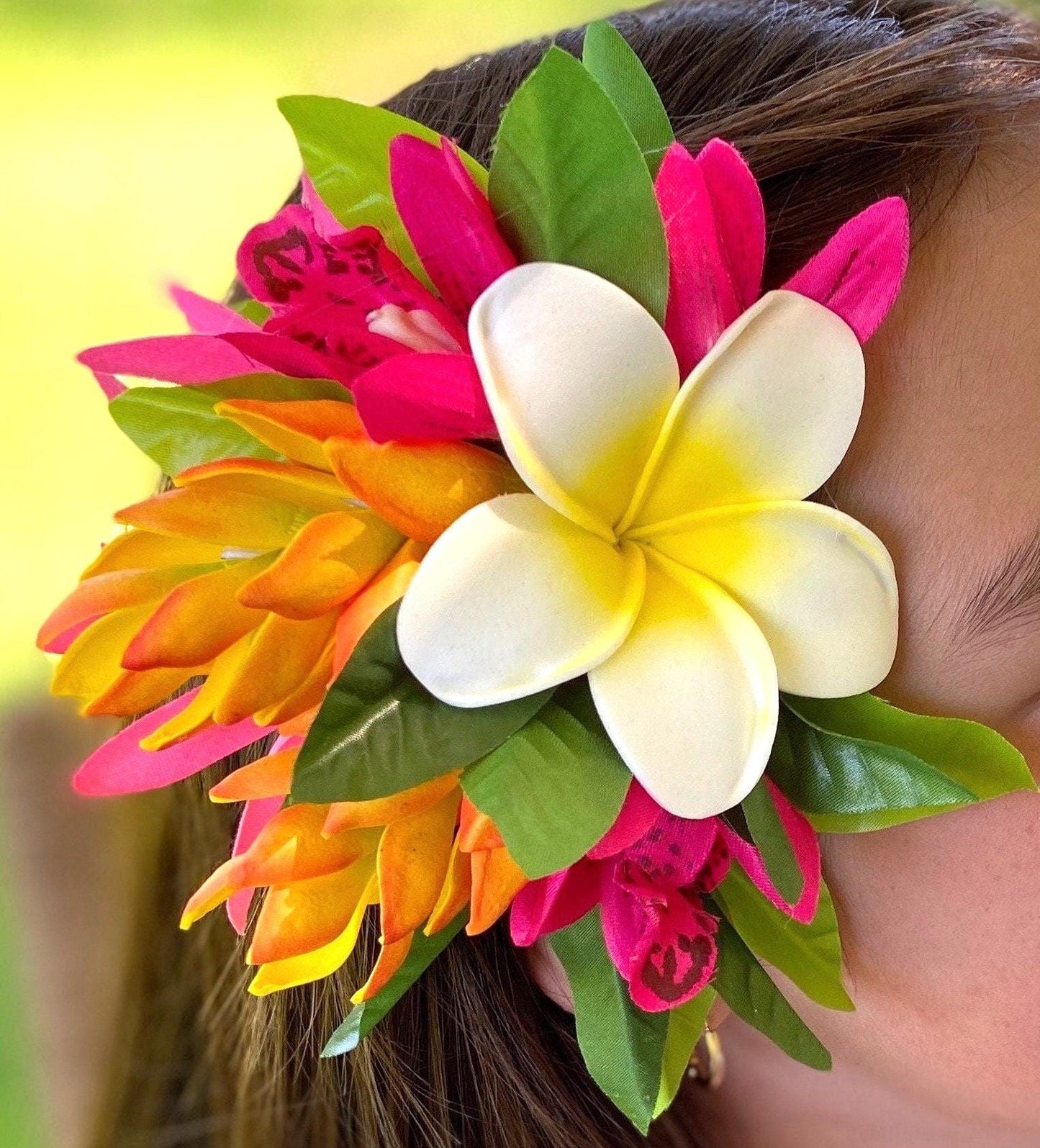 Hawaiian Ginger Plumeria Hair Clip Tahitian Headdress Costume Aparima Ahuroa Statement Piece Bridal Plumeria Artificial Ti Leaf Hair Pin