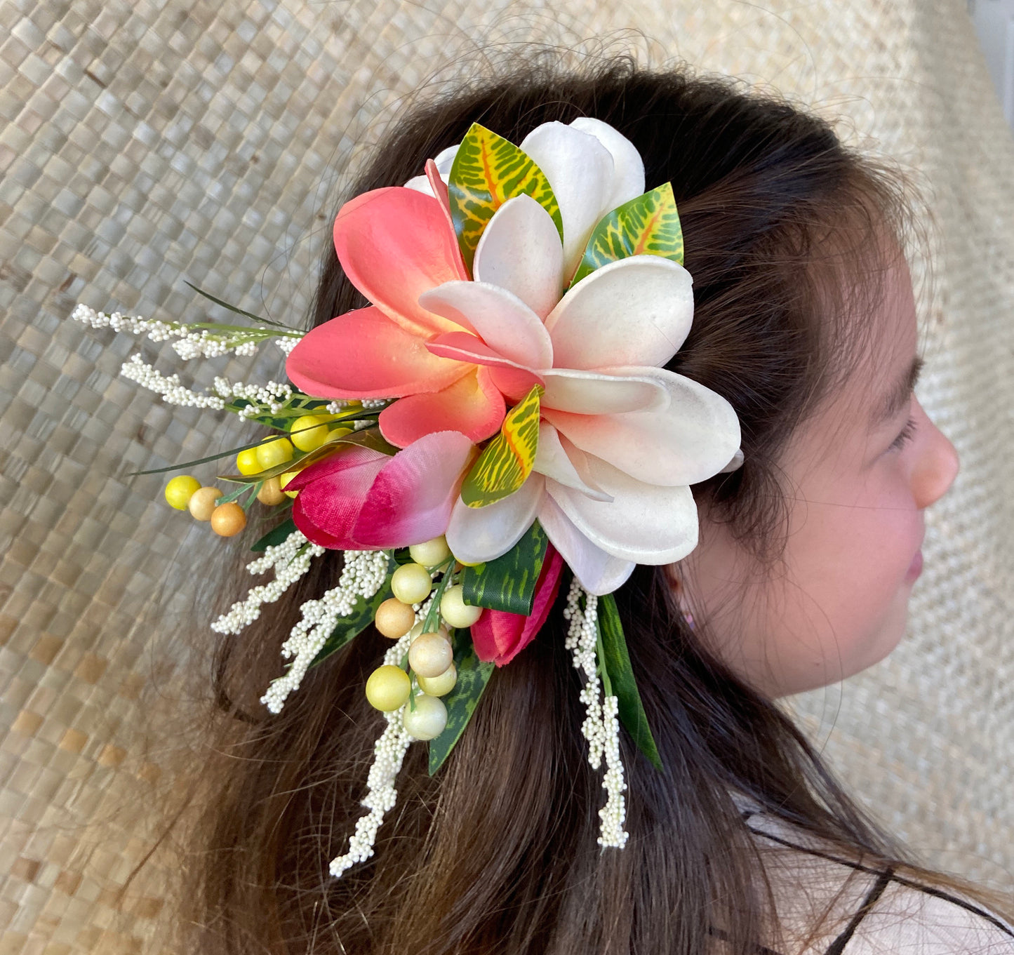 Hawaiian Plumeria Tulip Pixie Bride Graduation Hair Clip Tahitian Aparima Ahuroa Statement Piece Bridal Artificial Ti Leaf Hair Pin