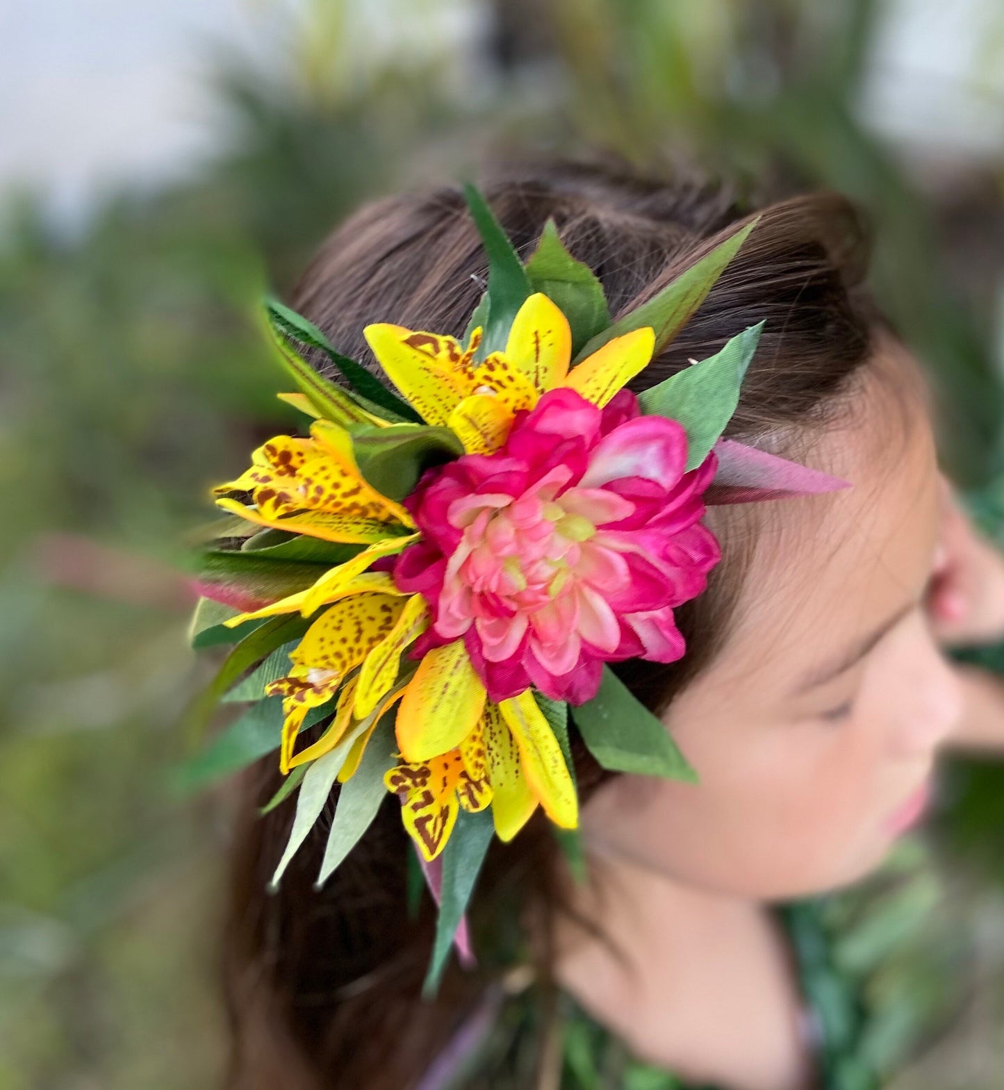 Hawaiian Hair Clip Tahitian Costume Hair Adornment Dahlia & Golden Leopard Orchids Artificial Ti Leaf Tropical Hair Pin