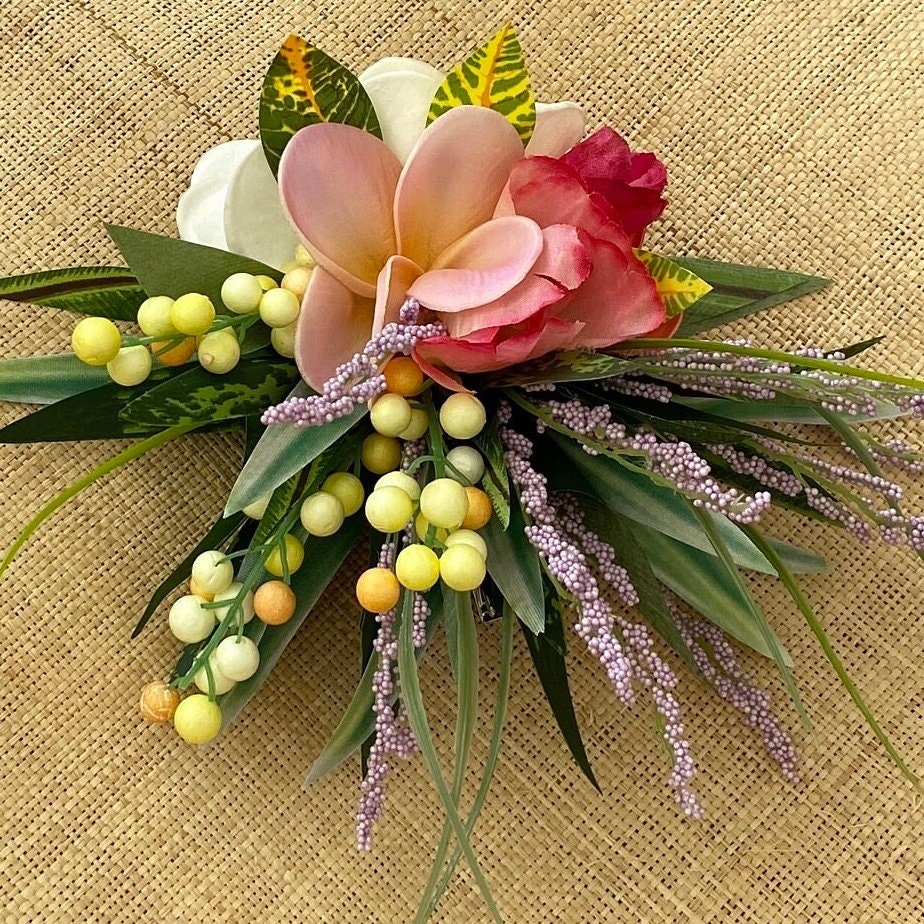 Hawaiian Plumeria Tulip Pixie Bride Graduation Hair Clip Tahitian Aparima Ahuroa Statement Piece Bridal Artificial Ti Leaf Hair Pin