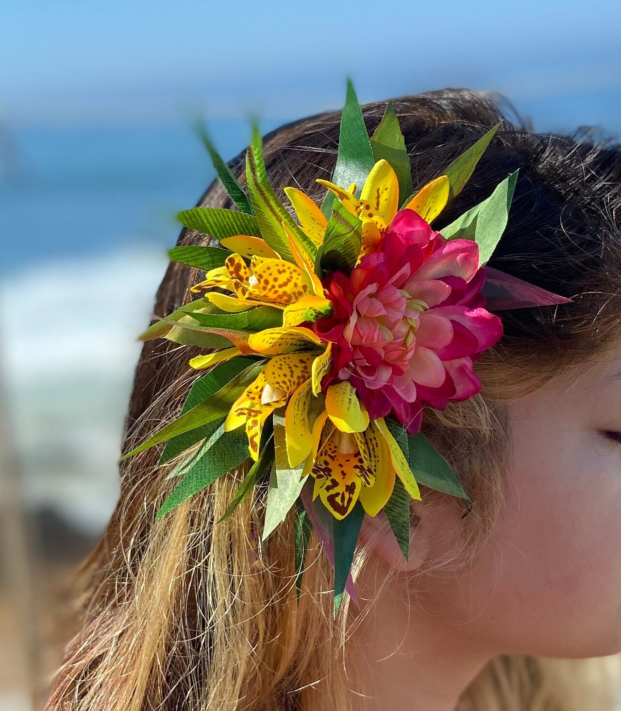 Hawaiian Hair Clip Tahitian Costume Hair Adornment Dahlia & Golden Leopard Orchids Artificial Ti Leaf Tropical Hair Pin