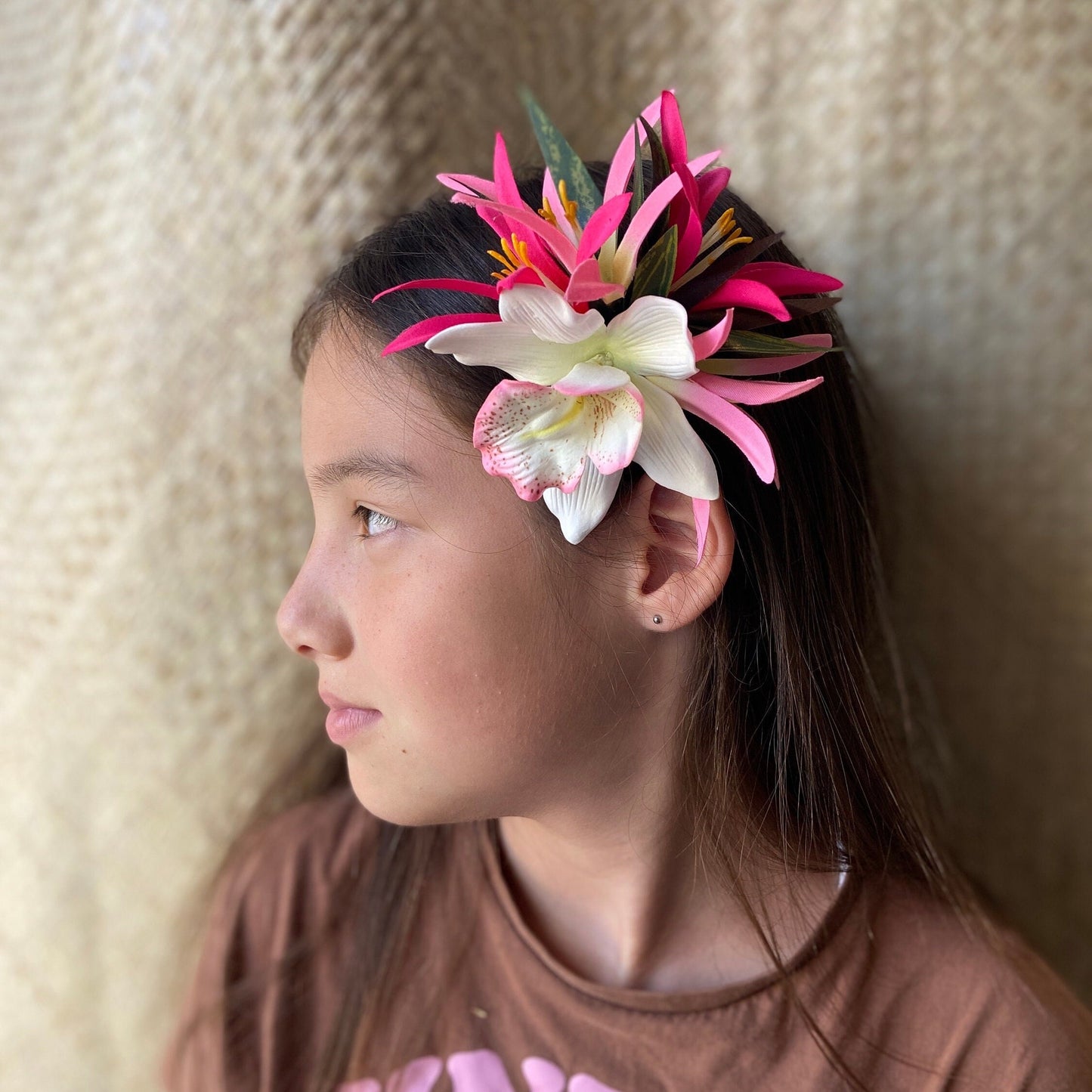 Hawaiian Flower Hair Clip Tahitian Costume Accessories Orchid & Spider Lily Artificial Ti Leaf Tropical Hairpin for Aparima Ahuroa Otea Solo