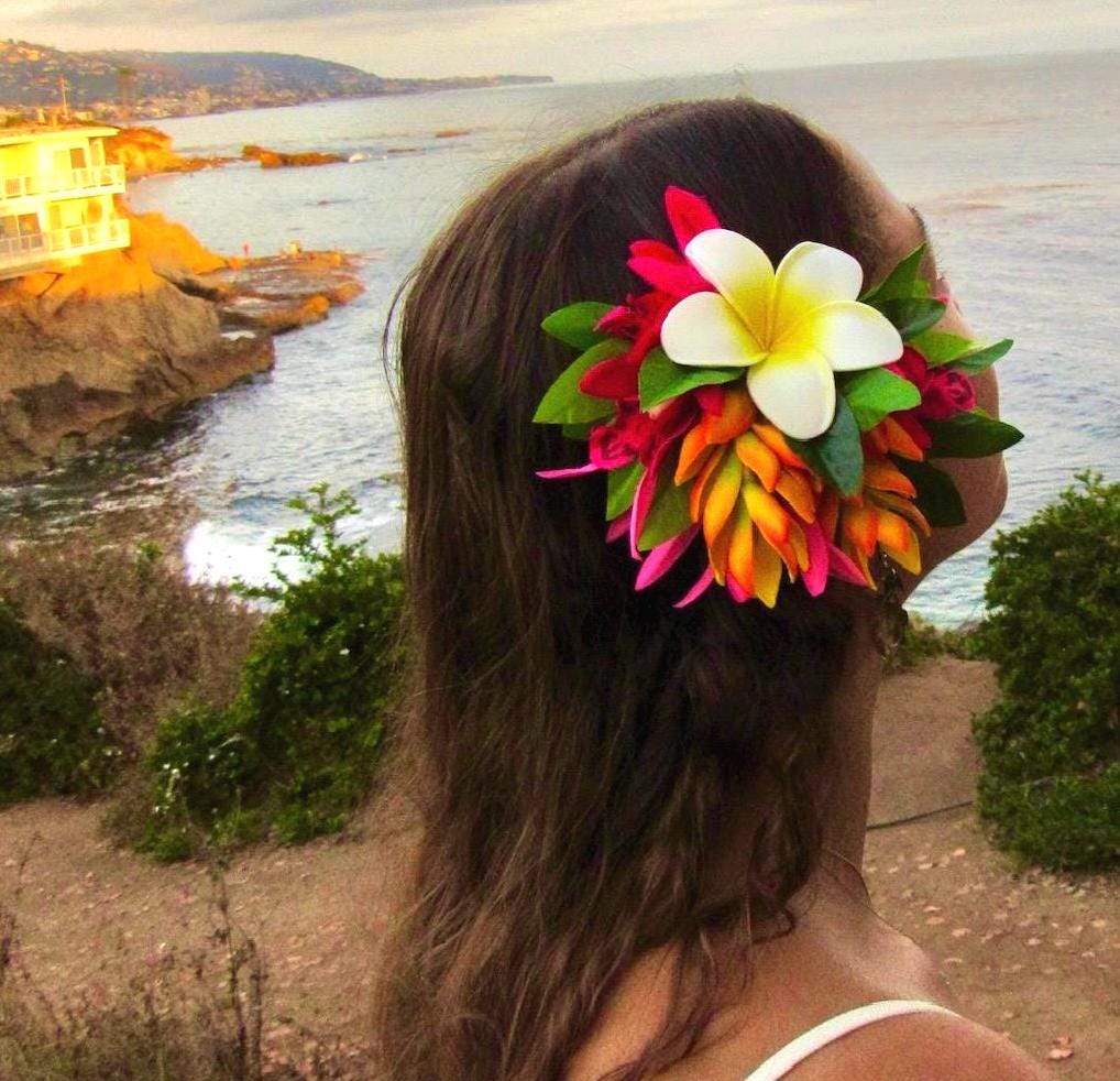 Hawaiian Ginger Plumeria Hair Clip Tahitian Headdress Costume Aparima Ahuroa Statement Piece Bridal Plumeria Artificial Ti Leaf Hair Pin