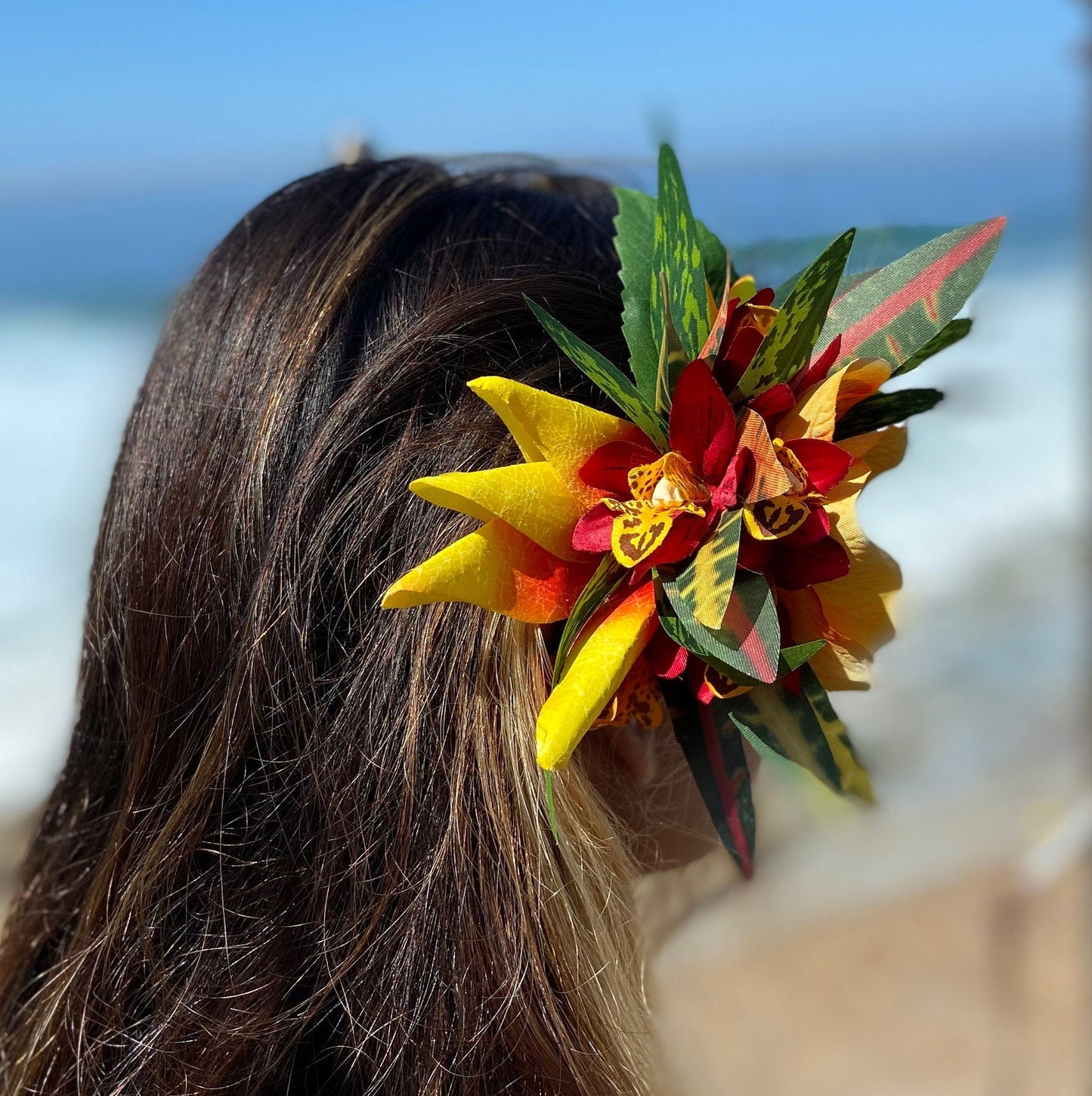 Hawaiian Flower Hair Clip Tahitian Costume Accessories Orchids & Heliconia Artificial Ti Leaf Tropical Hairpin for Aparima Ahuroa Otea Solo