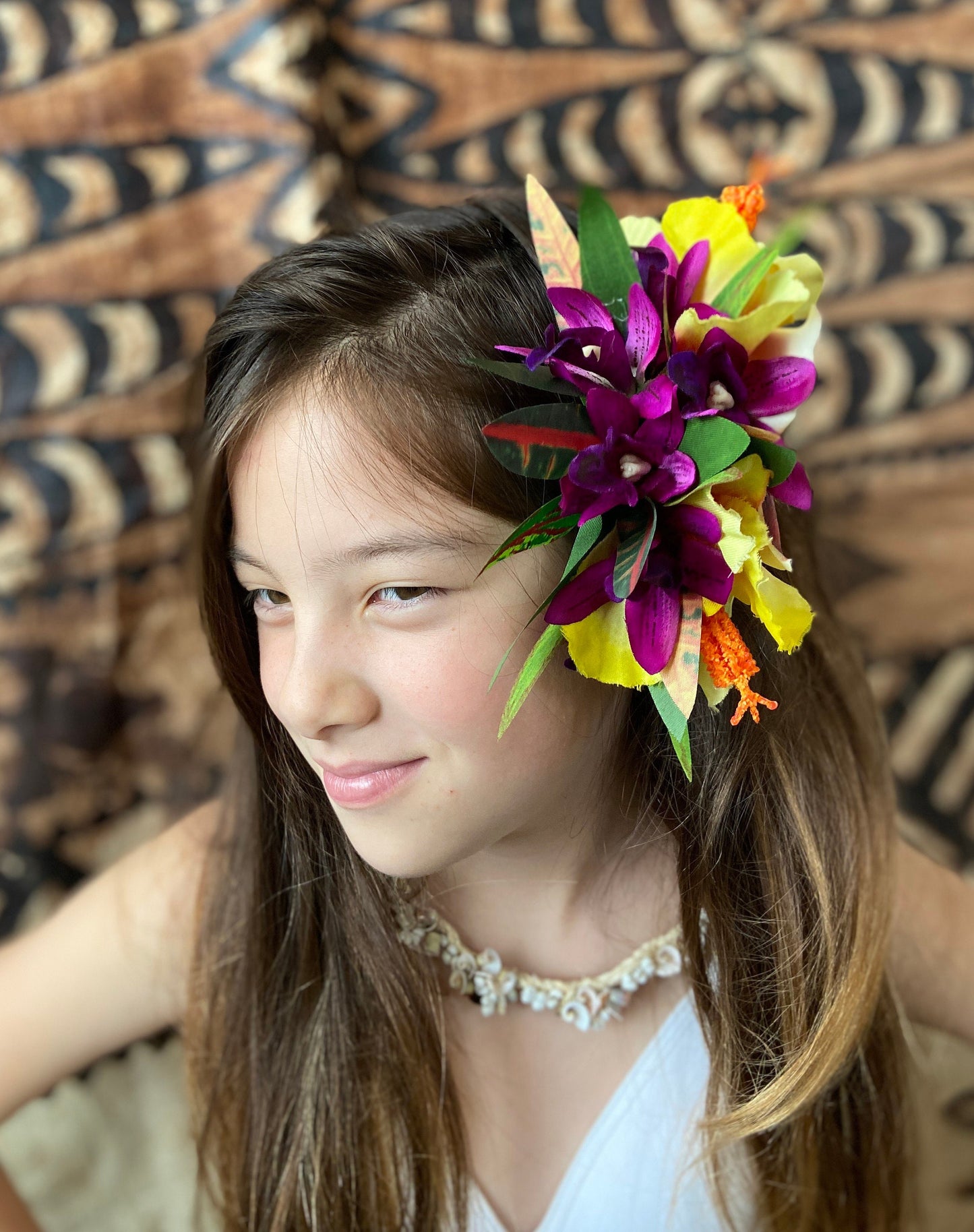 Hawaiian Hair Clip Fascinator Tahitian Aparima or Ahuroa Statement Piece Plumeria & Royal Polynesian Hibiscus Tropical Artificial Ti Leaf