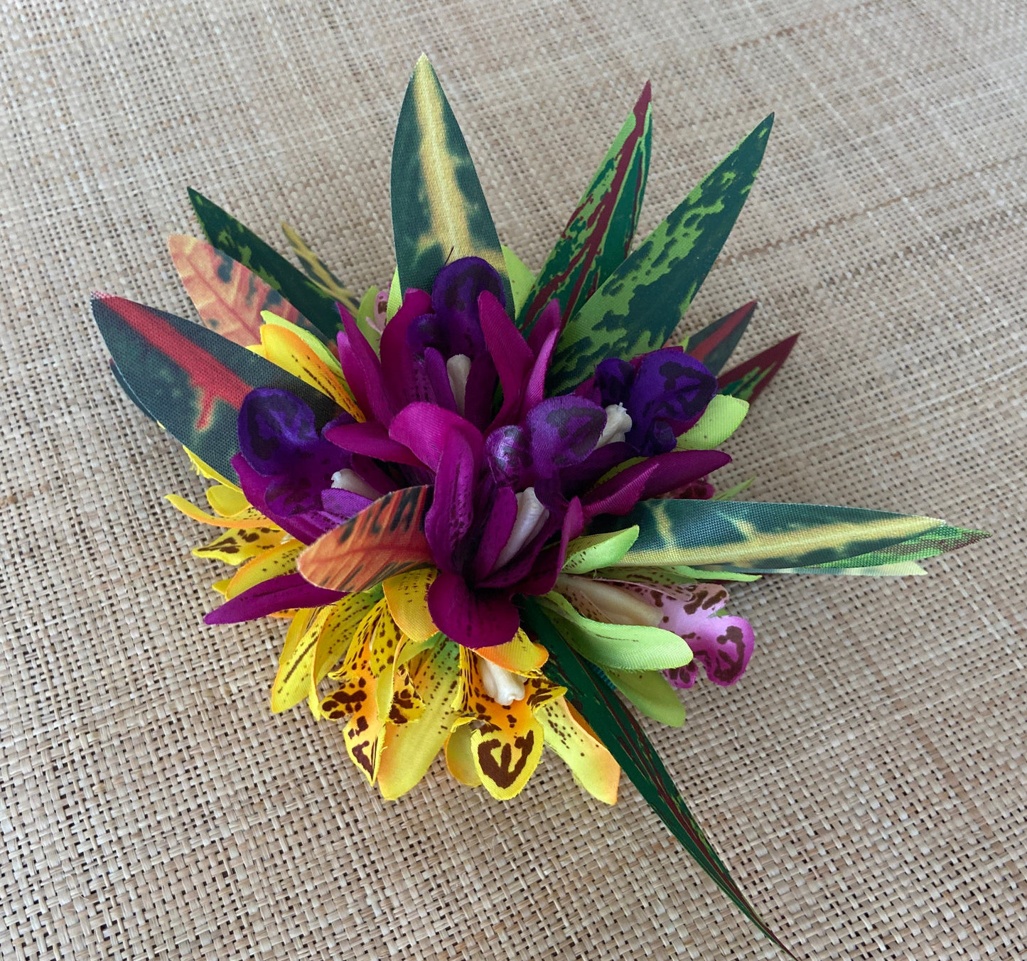 Hawaiian Hair Clip Tahitian Costume Orchids & Fire Croton Artificial Silk Ti Leaves Polynesian Dance Haku Lei Heiva Headdress Flower Crown