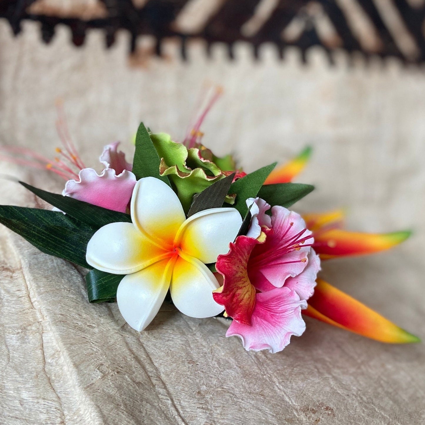 Hawaiian Ohai Ali’i Hair Clip Tahitian Headdress Costume Aparima Ahuroa Statement Piece Bridal Plumeria Artificial Ti Leaf Hair Pin