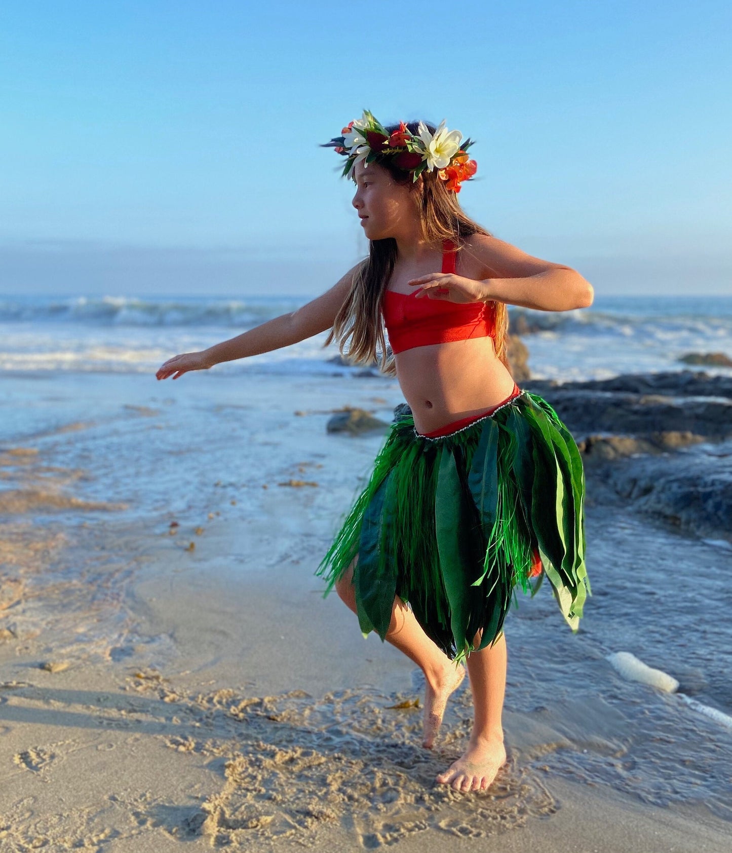 Keiki Silk Ti Leaf Skirt with Hawaiian Hau Mor'e Champion Grade Tamarii Premium Competition Quality Hula Kahiko Professional Photography
