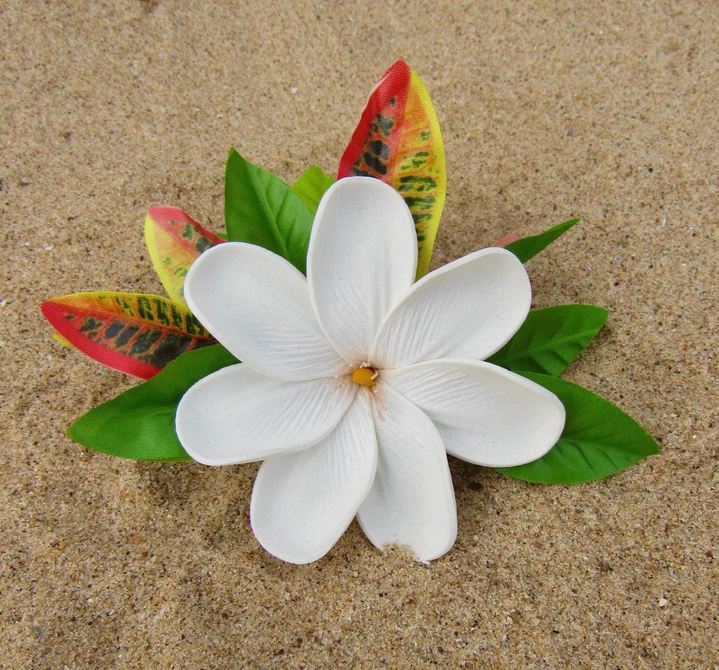 Tiare Tahiti Hair Clip Tahitian Gardenia Costume Accessories Maile & Croton Leaf Tropical Hairpin for Luau Mehura Aparima Ahuroa Otea Solo