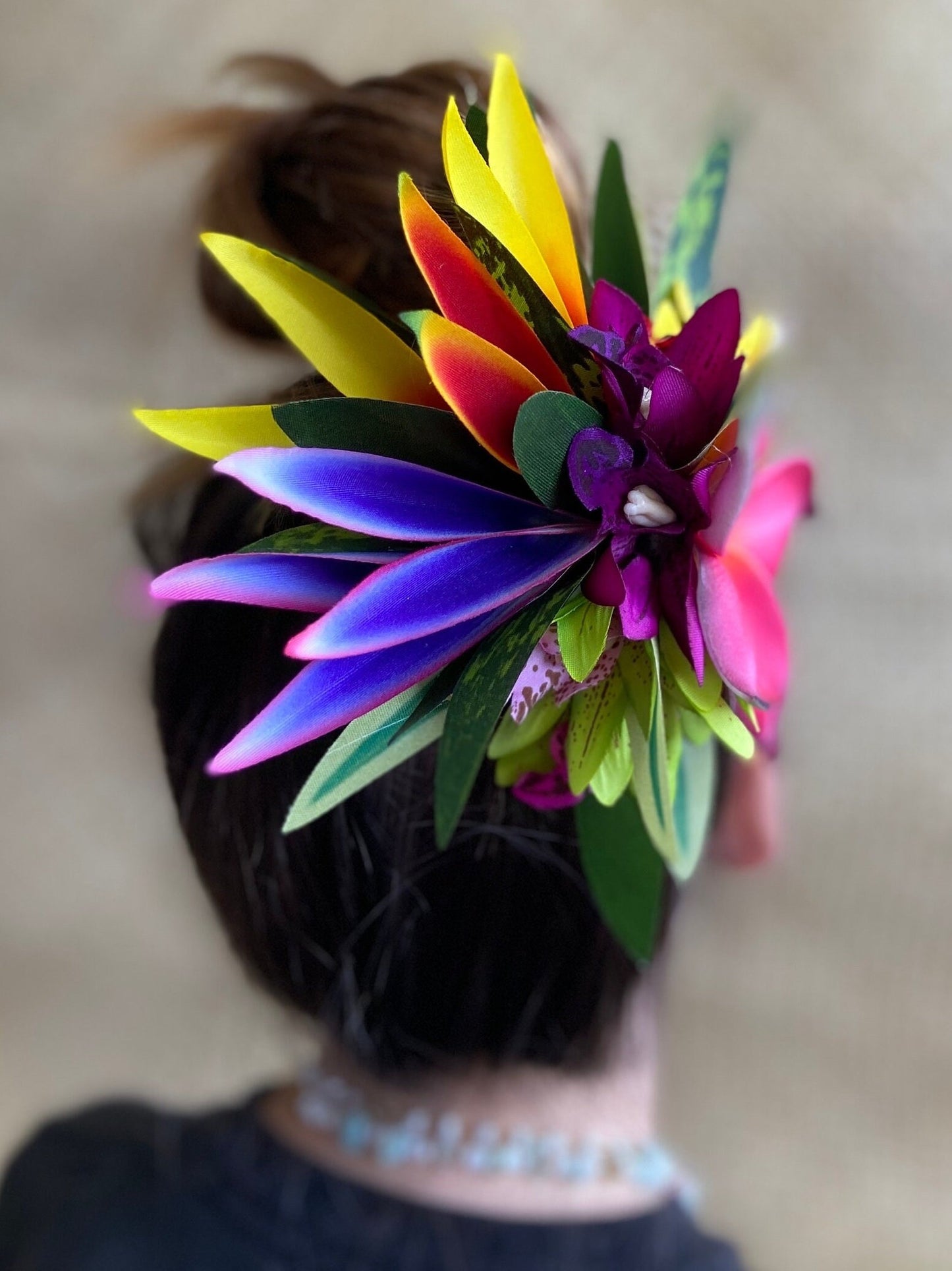 Hawaiian Hair Clip Tahitian Adornment Aparima Ahuroa Statement Piece Plumeria Orchid Bird of Paradise Artificial Ti Leaf Tropical Hair Pin