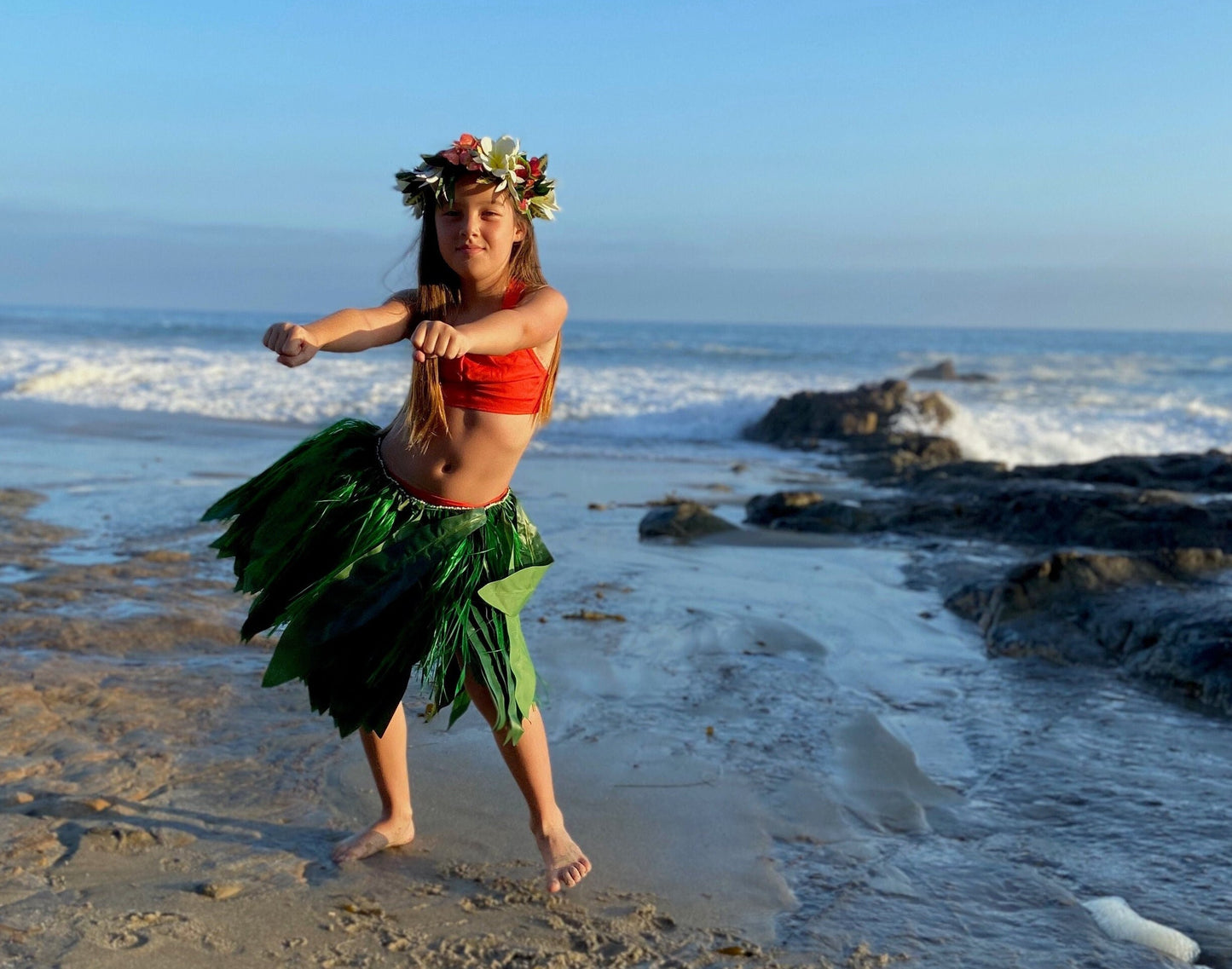 Keiki Silk Ti Leaf Skirt with Hawaiian Hau Mor'e Champion Grade Tamarii Premium Competition Quality Hula Kahiko Professional Photography