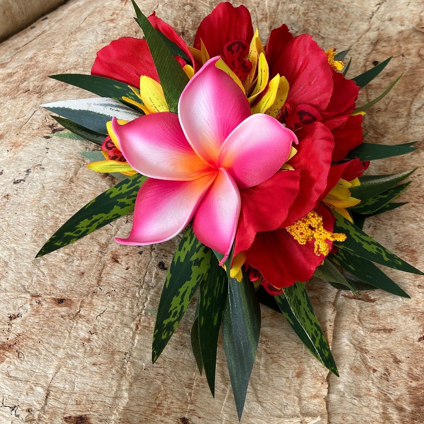 Hawaiian Hair Clip Tahitian Adornment Aparima Ahuroa Statement Piece Plumeria and Royal Polynesian Hibiscus Tropical Artificial Ti Leaf
