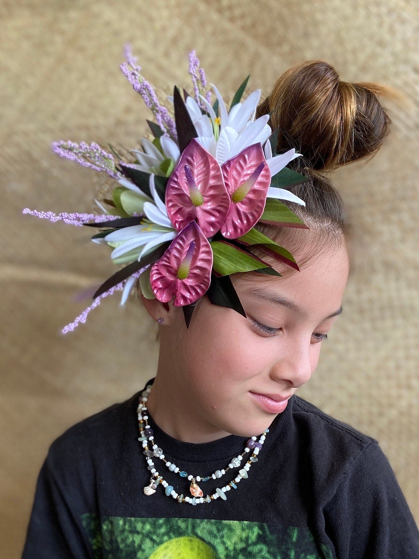 Petunia Pink Princess Anthurium Hair Clip Tahitian Headdress Costume Aparima Ahuroa Hula Statement Piece Bridal Plumeria Fascinator Hair Pin