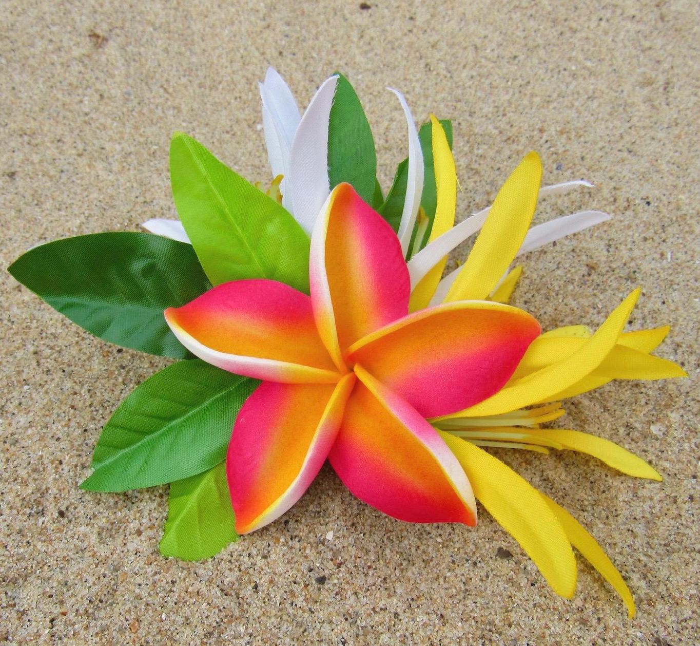 Hawaiian Plumeria Hair Clip Tahitian Costume Accessories Maile & Spider Lily Artificial Ti Leaf Tropical Hairpin Aparima Ahuroa Otea Solo