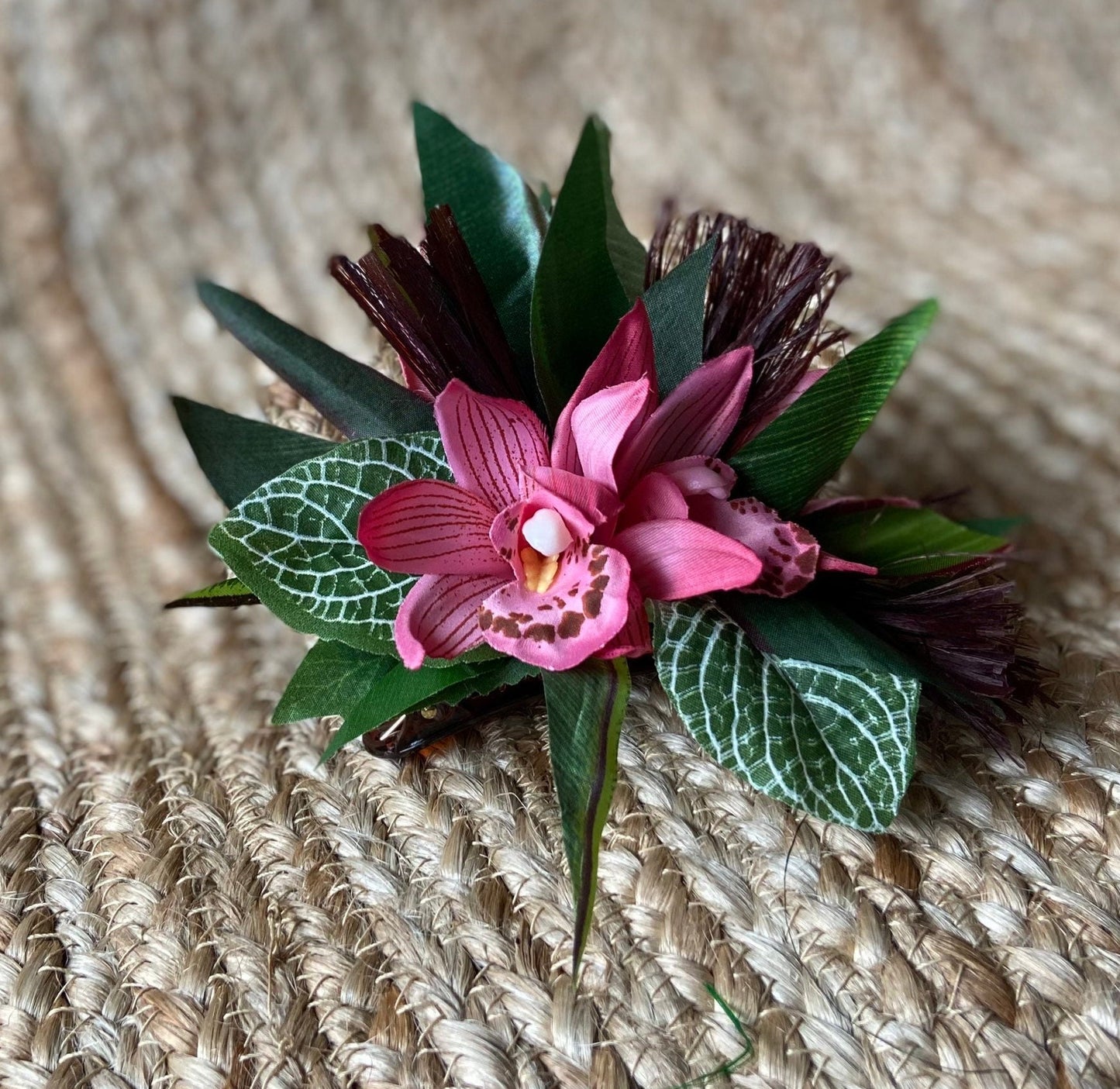 Hawaiian Hair Clip Tahitian Costume Adornment Princess Leopard Orchids & Samoan Hau Fau Hibiscus Fiber Artificial Ti Leaf Tropical Hair Pin