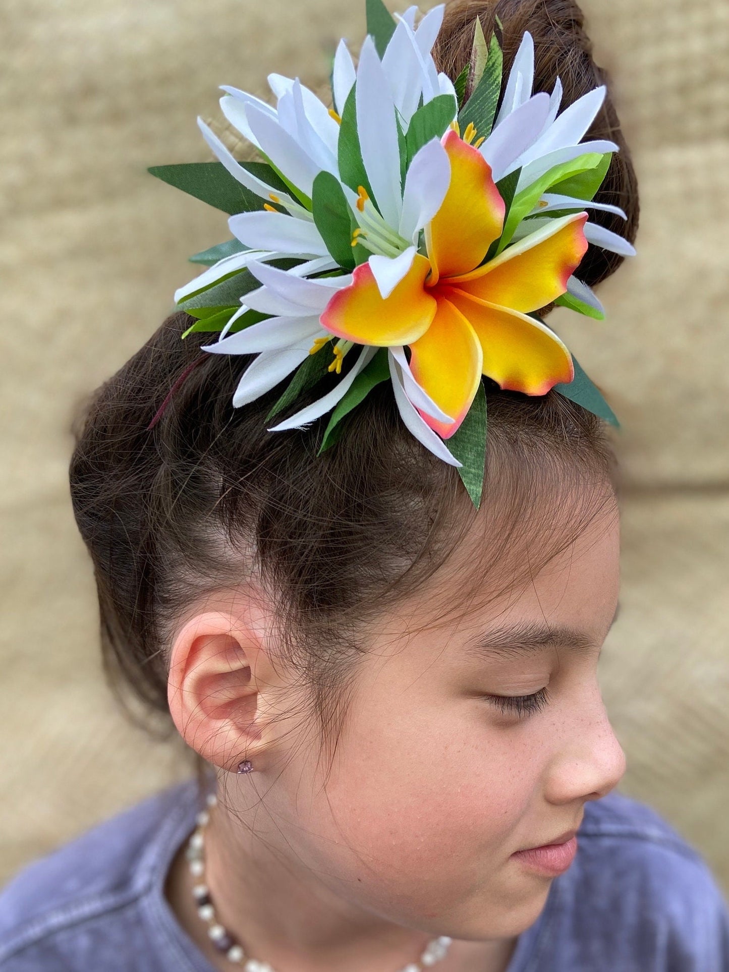 Ruffled Hawaiian Plumeria Hair Clip Tahitian Headdress Costume Aparima Ahuroa Statement Piece Croton Maile Floral Artificial Ti Leaf Hairpin
