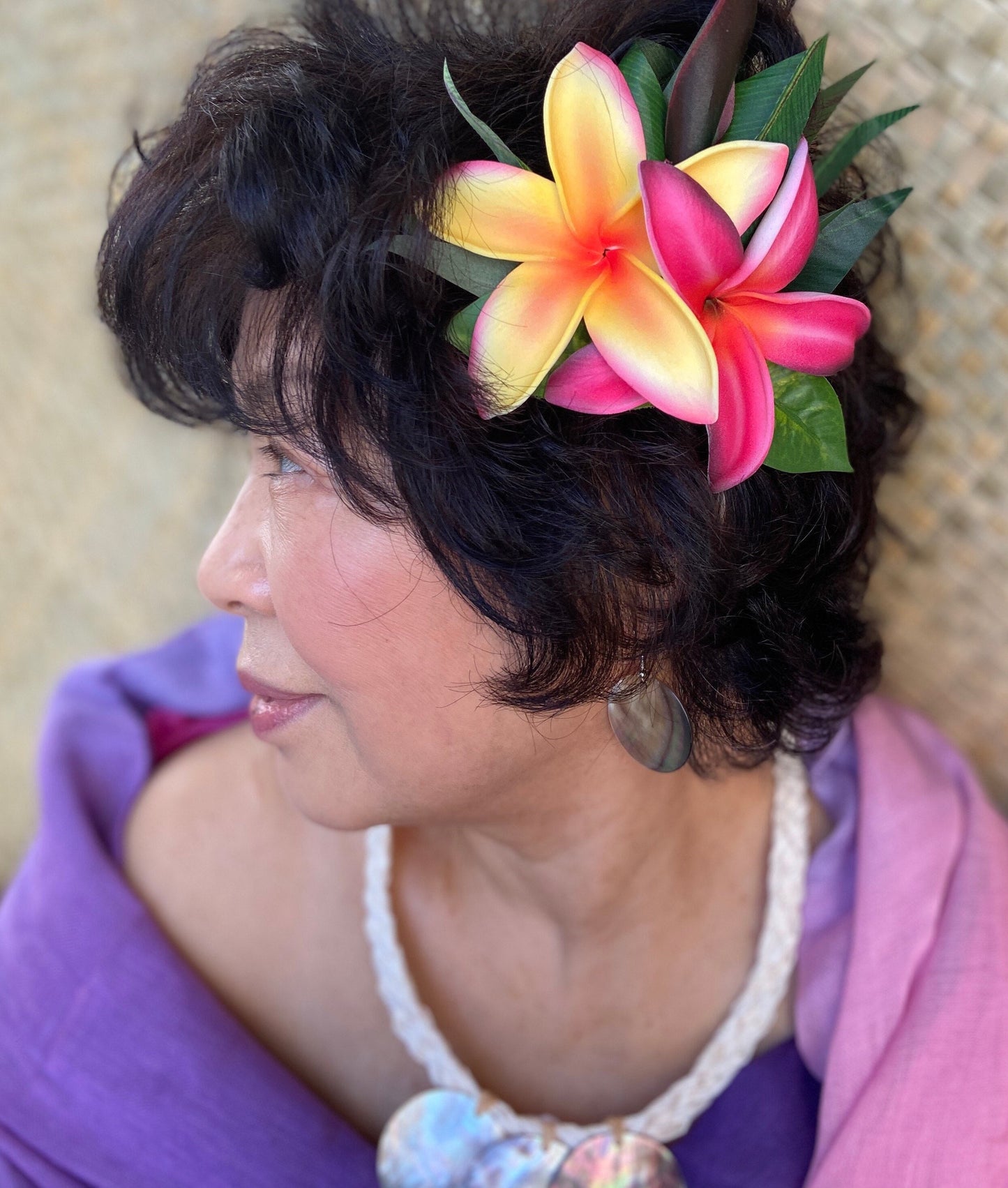 Hawaiian Hair Clip Tahitian Adornment Aparima Ahuroa Statement Piece Sunrise Sunset Twin Plumeria Vintage Tropical Elegant Hair Pin