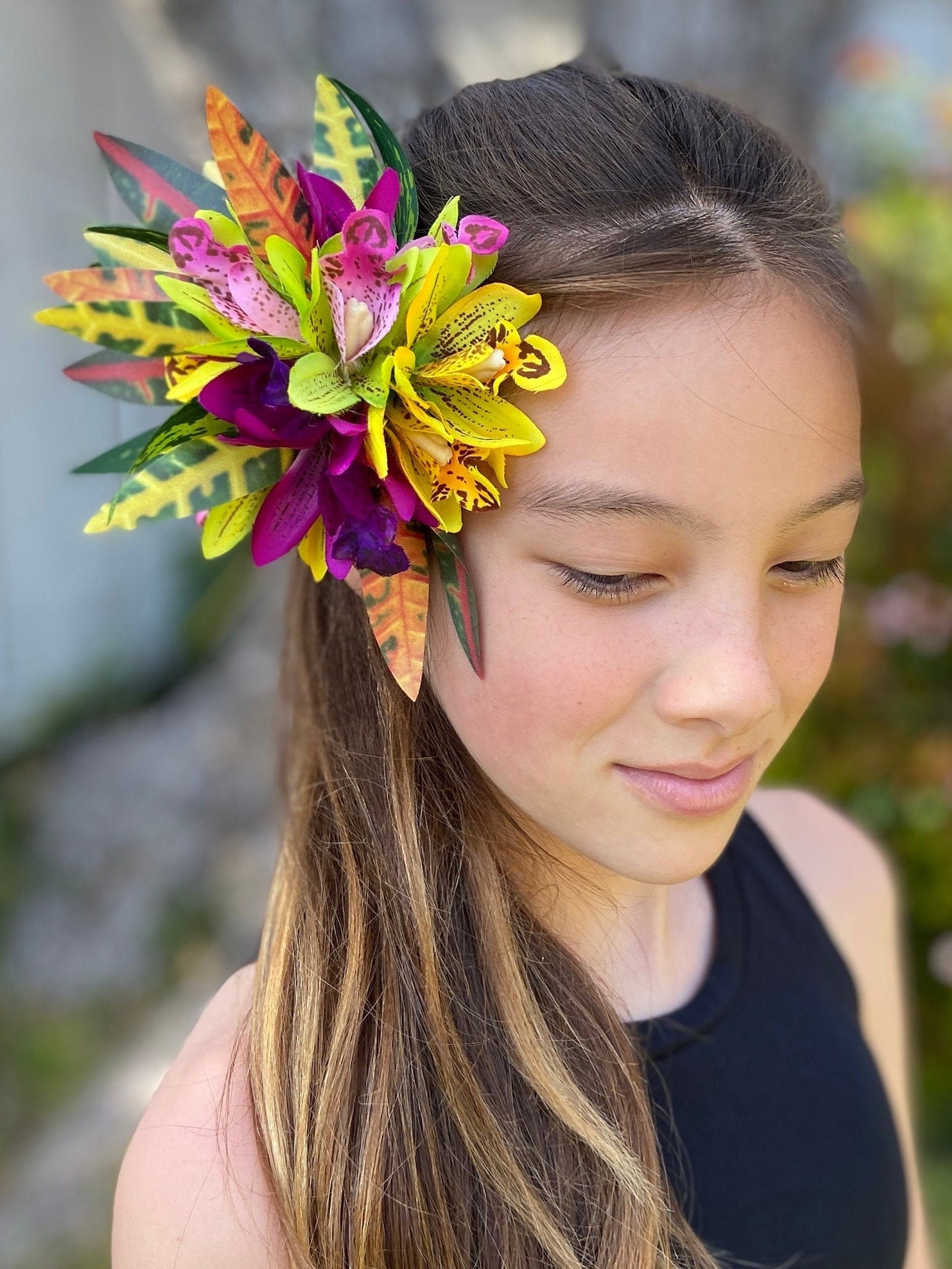 Hawaiian Hair Clip Tahitian Costume Orchids & Fire Croton Artificial Silk Ti Leaves Polynesian Dance Haku Lei Heiva Headdress Flower Crown