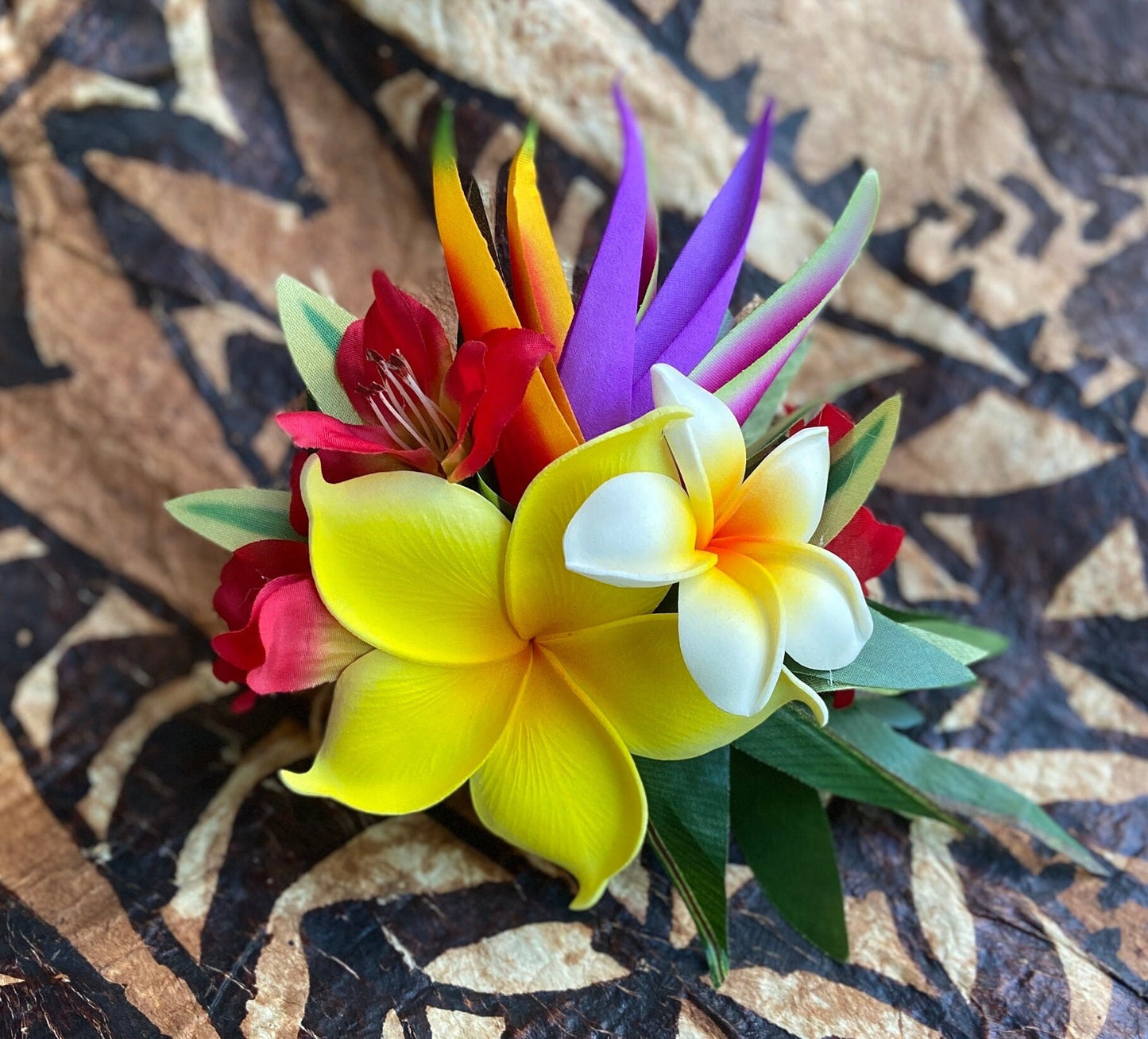 Hawaiian Hair Clip Tahitian Adornment Aparima Ahuroa Statement Piece Sunrise Sunset Twin Plumeria Vintage Tropical Elegant Hair Pin