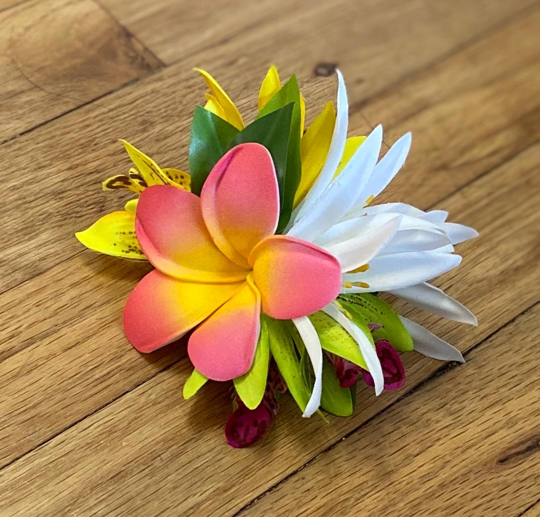 Hawaiian Plumeria Hair Clip Tahitian Costume Accessories Maile & Spider Lily Artificial Ti Leaf Tropical Hairpin Aparima Ahuroa Otea Solo
