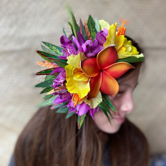 Hawaiian Hair Clip Fascinator Tahitian Aparima or Ahuroa Statement Piece Plumeria & Royal Polynesian Hibiscus Tropical Artificial Ti Leaf