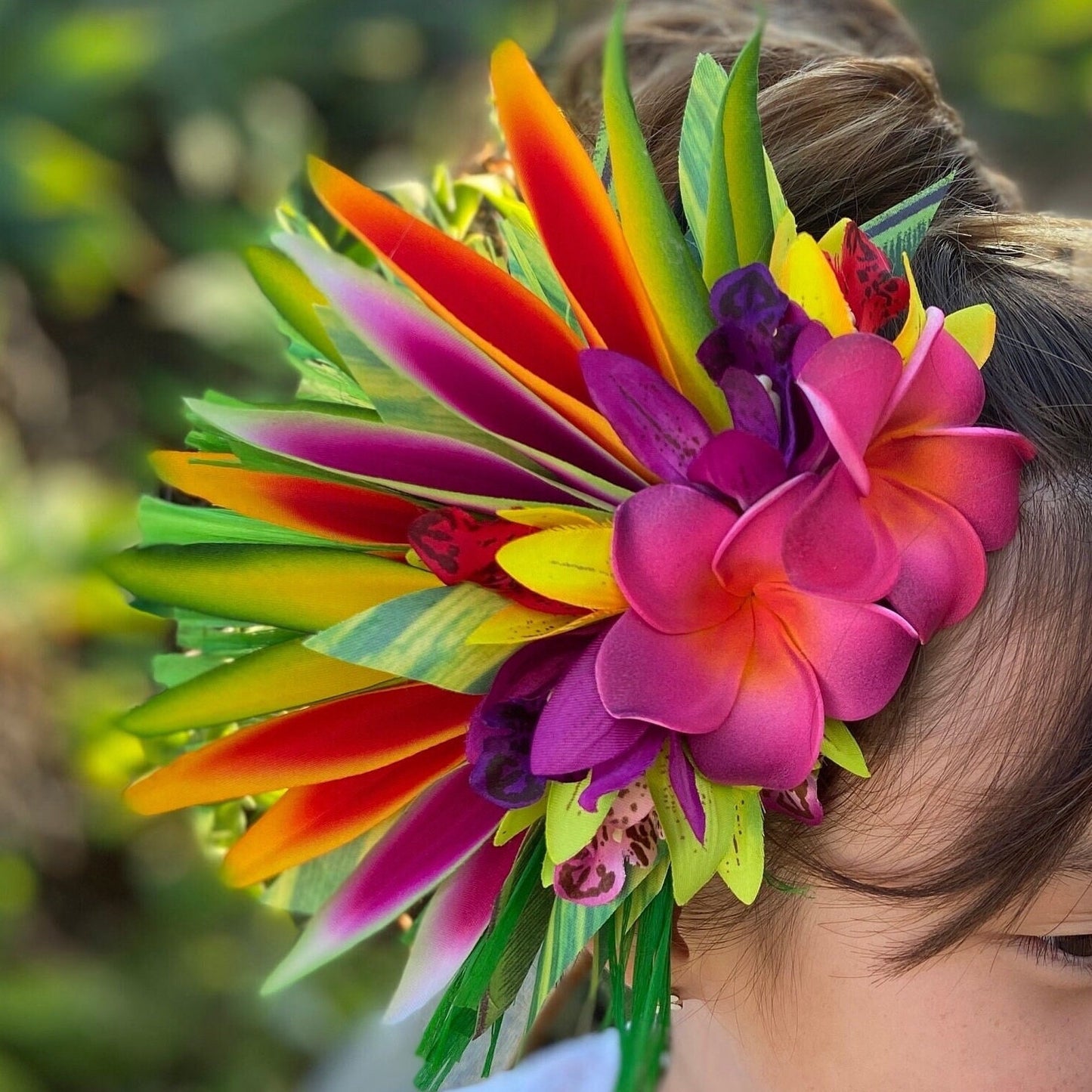 Polynesian Plumeria Hair Clip Tahitian Headdress Costume for Aparima Ahuroa Hula Statement Piece Bridal Heliconia Orchid Fascinator Hair Pin
