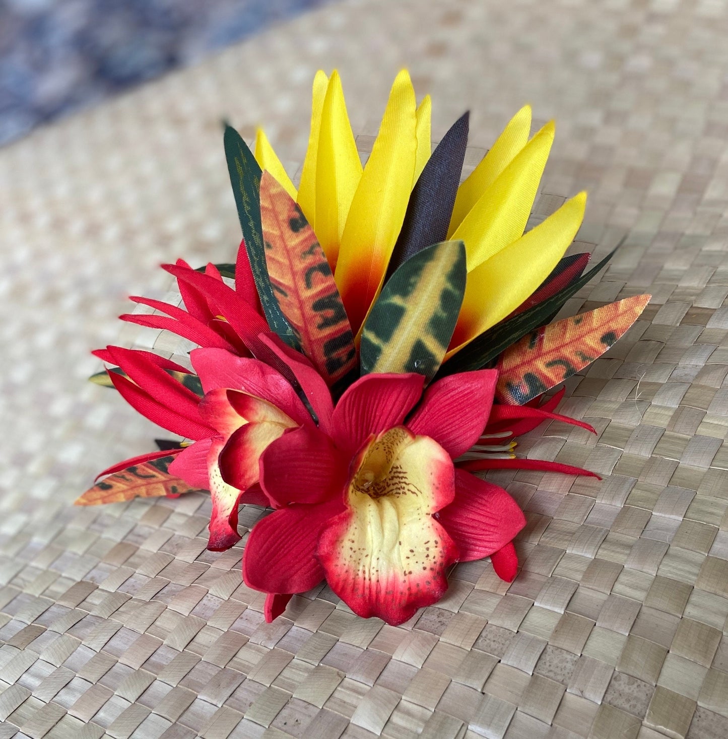 Royal Hawaiian Orchid Hair Clip Tahitian Headdress Costume Aparima Ahuroa Statement Piece Spider Lily Floral Artificial Ti Leaf Hairpin
