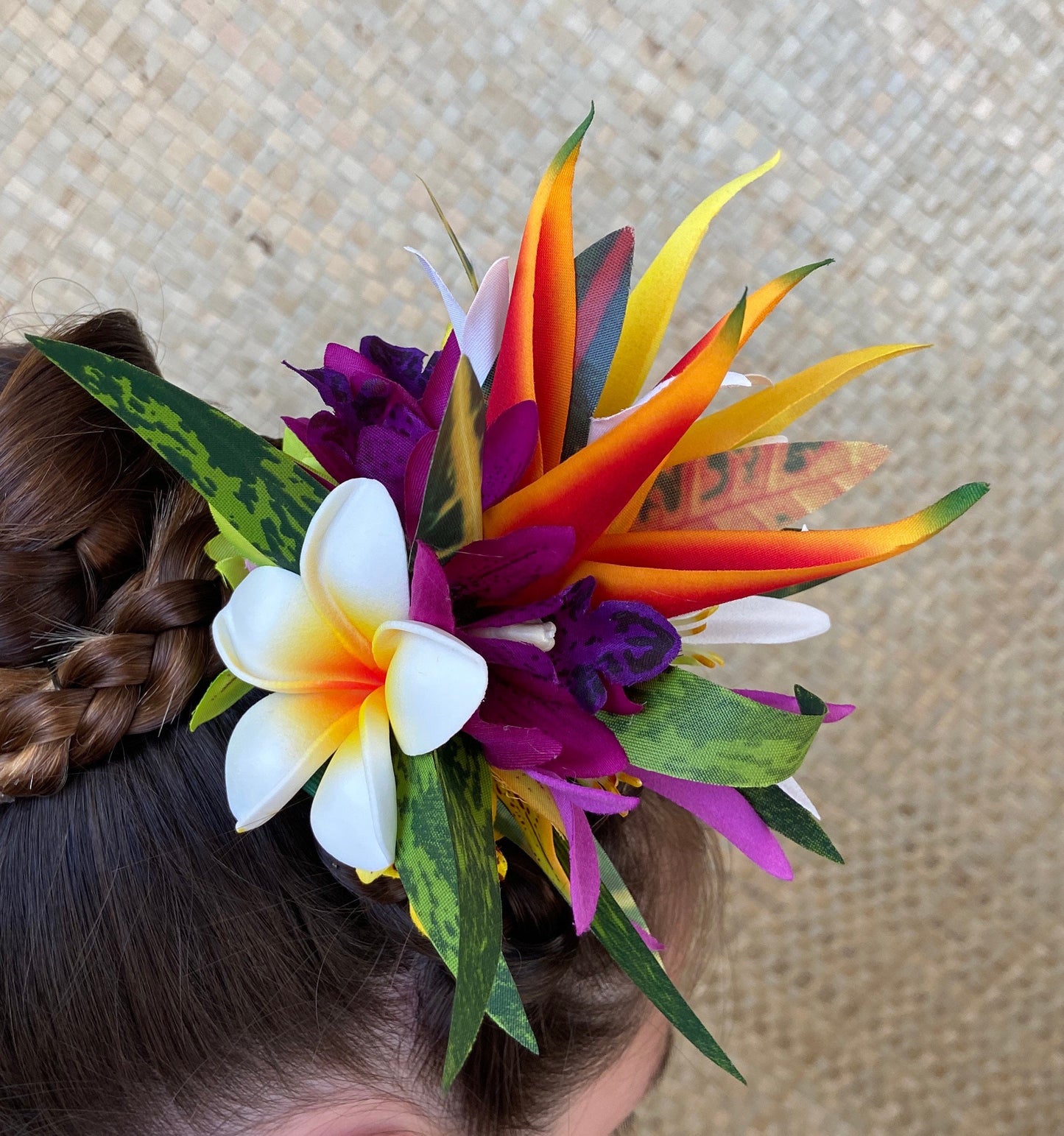 Hawaiian Hair Clip Tahitian Costume Hair Adornment Real Touch Plumeria Orchid Bird of Paradise Artificial Ti Leaf Tropical Hair Pin