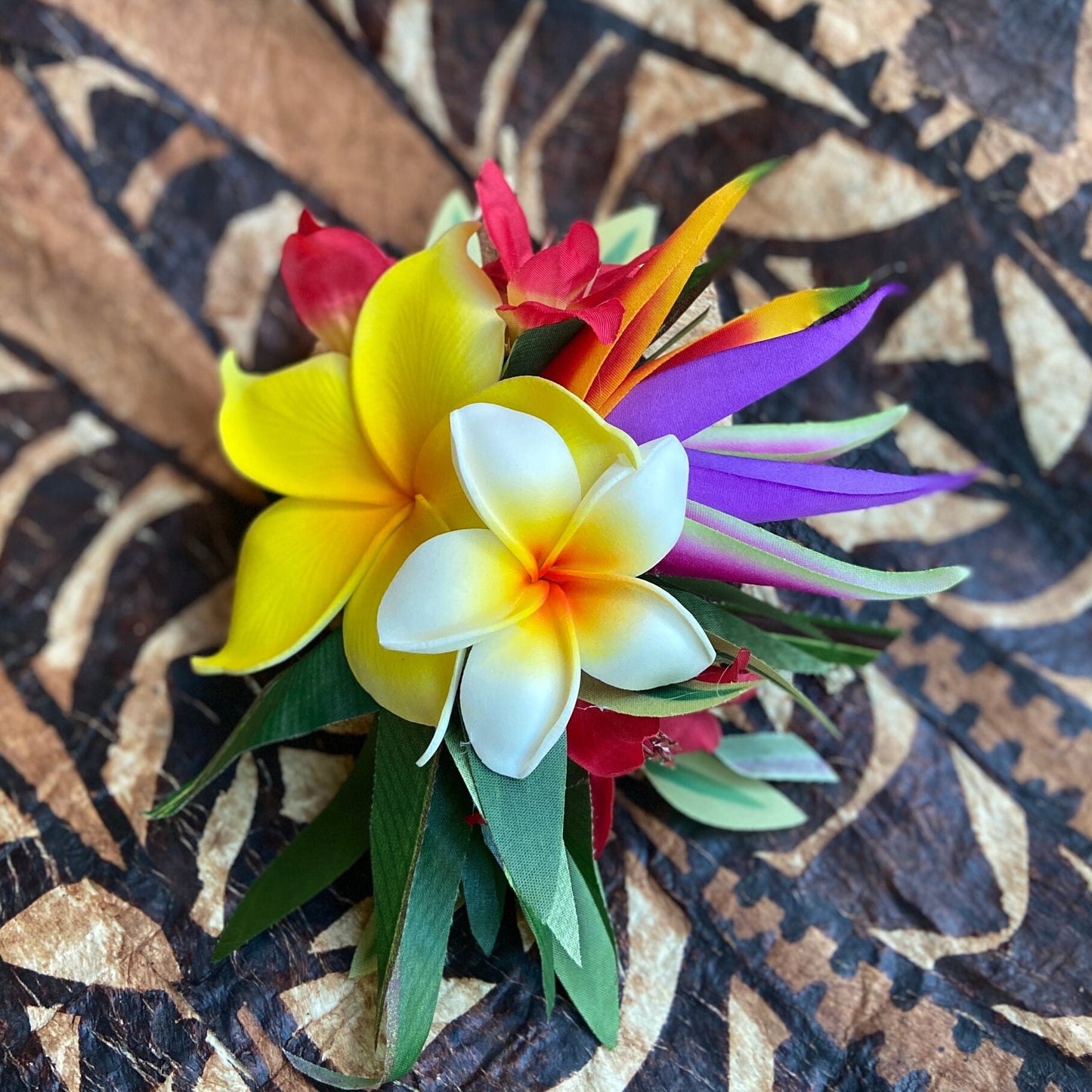 Hawaiian Hair Clip Tahitian Adornment Aparima Ahuroa Statement Piece Sunrise Sunset Twin Plumeria Vintage Tropical Elegant Hair Pin