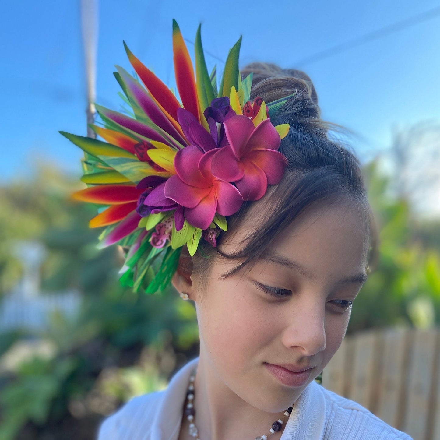 Polynesian Plumeria Hair Clip Tahitian Headdress Costume for Aparima Ahuroa Hula Statement Piece Bridal Heliconia Orchid Fascinator Hair Pin