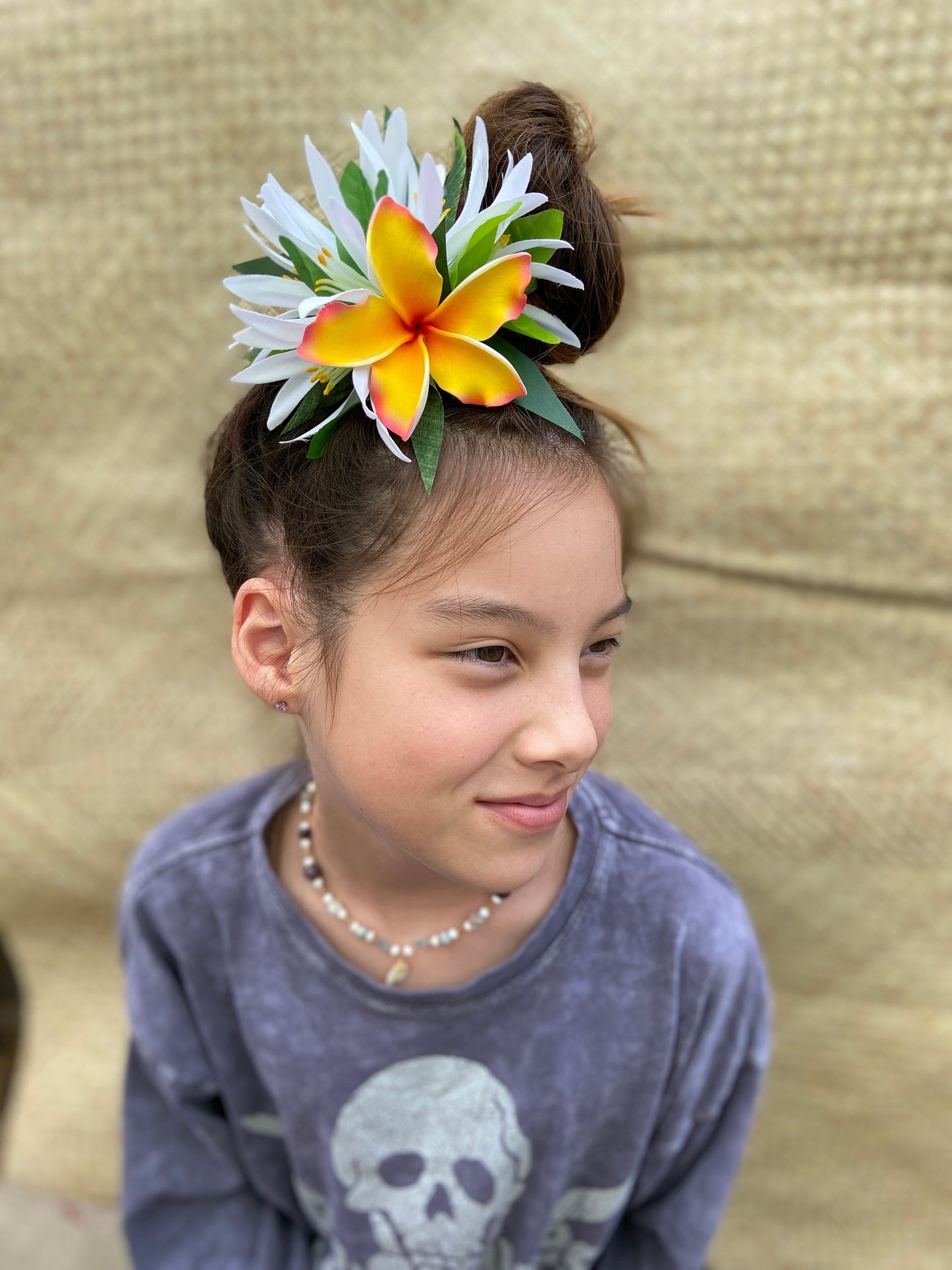 Ruffled Hawaiian Plumeria Hair Clip Tahitian Headdress Costume Aparima Ahuroa Statement Piece Croton Maile Floral Artificial Ti Leaf Hairpin