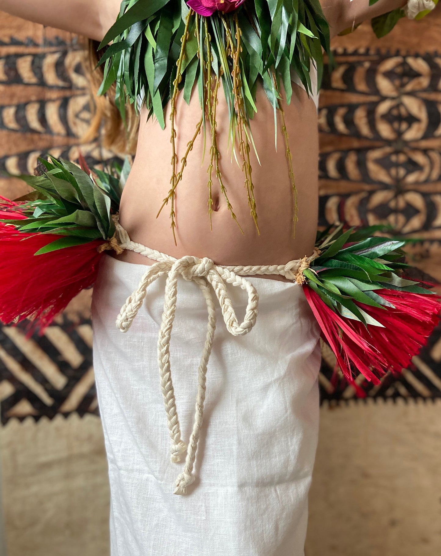 Layered Half Hip Hei Plum Silk Ti Leaf & Hau Performance Quality Reversible Belt Ori Tahiti Hula Kahiko Polynesian Dance Beach Wedding