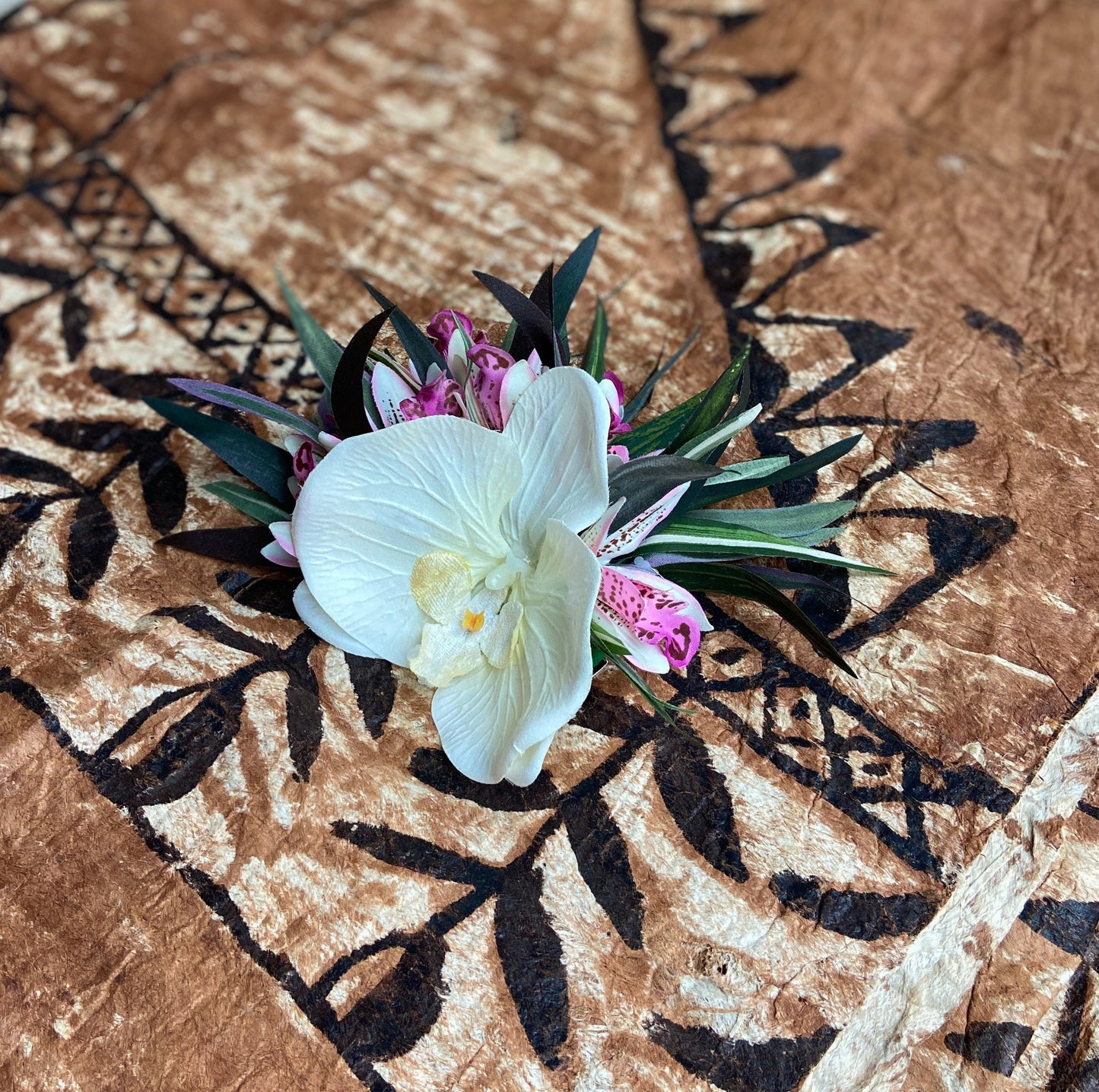 Hawaiian Flower Hair Clip Tahitian Costume Accessories Orchids & Heliconia Artificial Ti Leaf Tropical Hairpin for Aparima Ahuroa Otea Solo