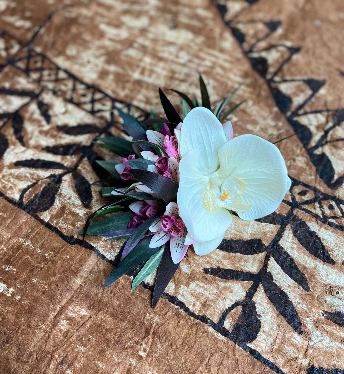 Hawaiian Flower Hair Clip Tahitian Costume Accessories Orchids & Heliconia Artificial Ti Leaf Tropical Hairpin for Aparima Ahuroa Otea Solo