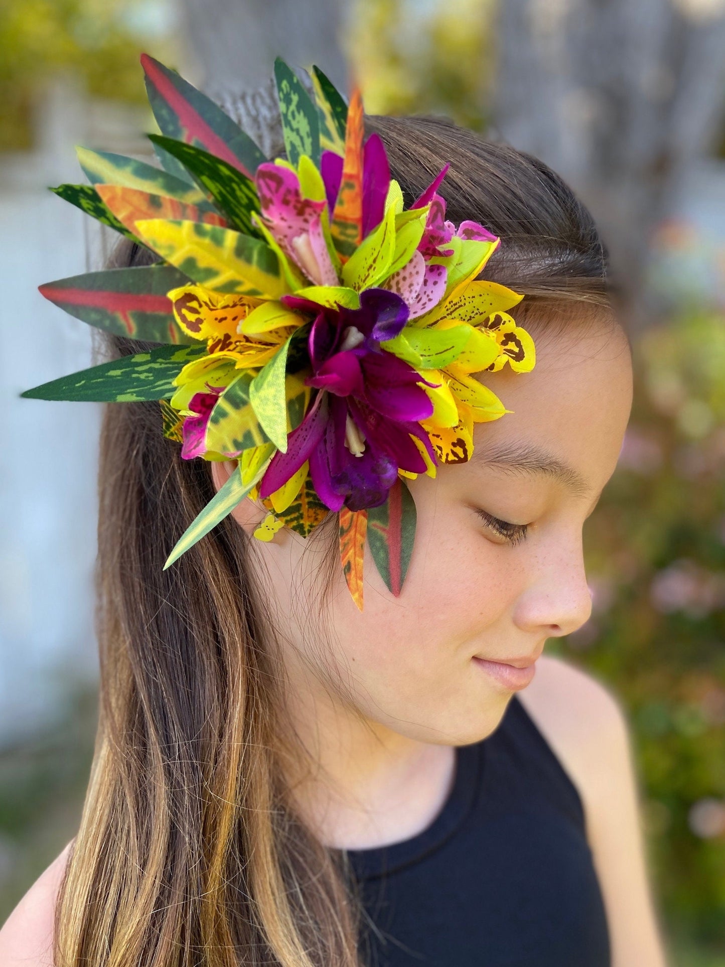 Hawaiian Hair Clip Tahitian Costume Orchids & Fire Croton Artificial Silk Ti Leaves Polynesian Dance Haku Lei Heiva Headdress Flower Crown