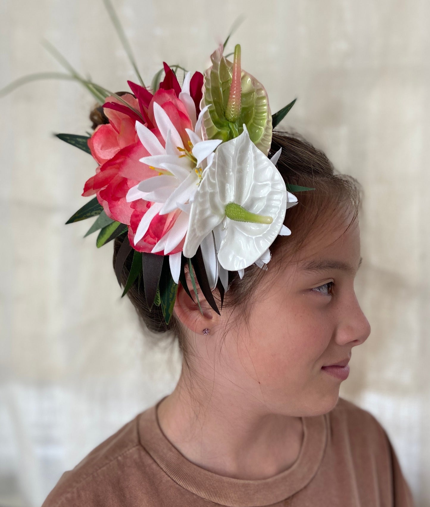 Royal Sunset Anthurium Hair Clip Tahitian Headdress Costume for Aparima Ahuroa Hula Statement Piece Bridal Plumeria Fascinator Hair Pin