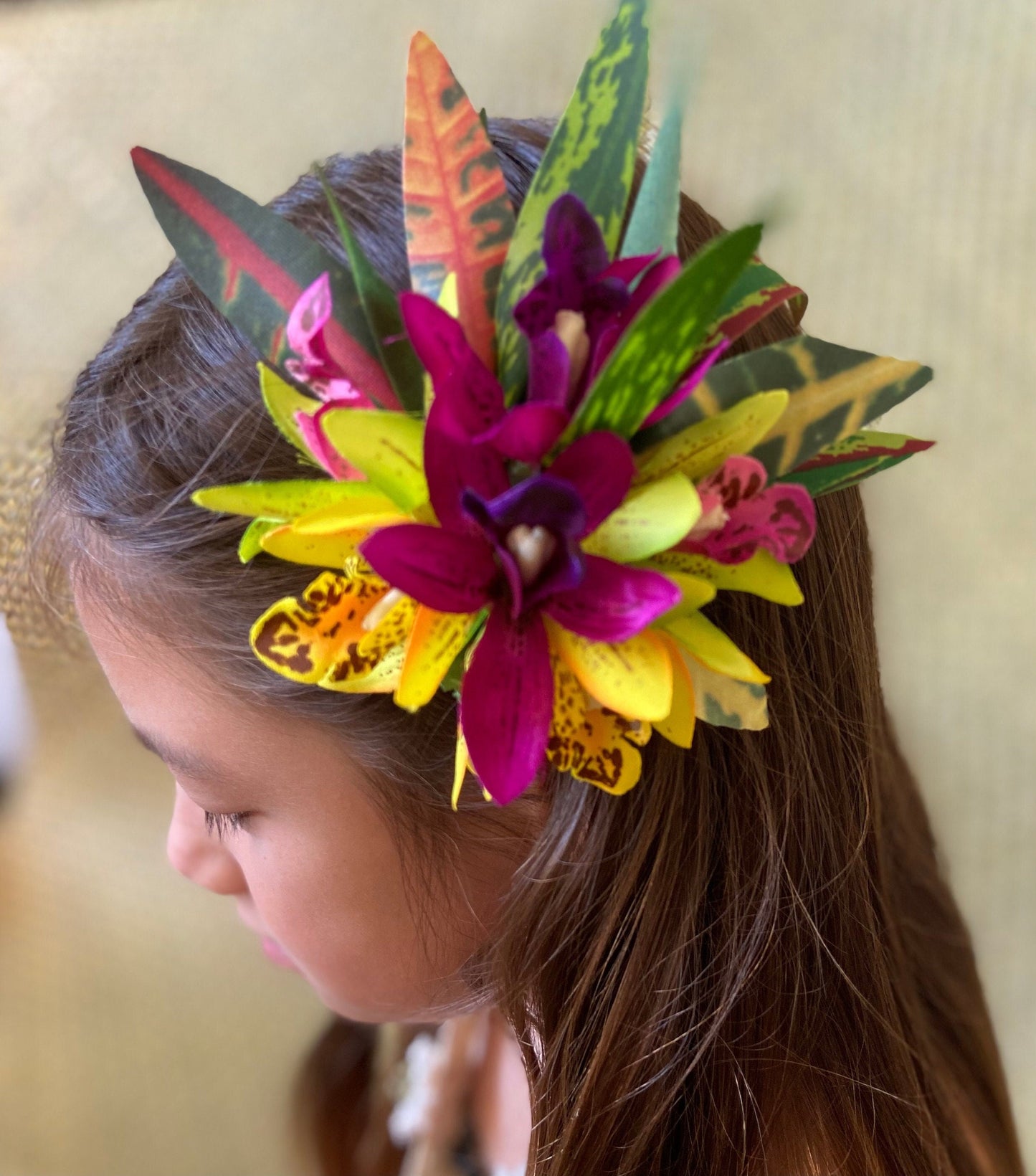 Hawaiian Hair Clip Tahitian Costume Orchids & Fire Croton Artificial Silk Ti Leaves Polynesian Dance Haku Lei Heiva Headdress Flower Crown