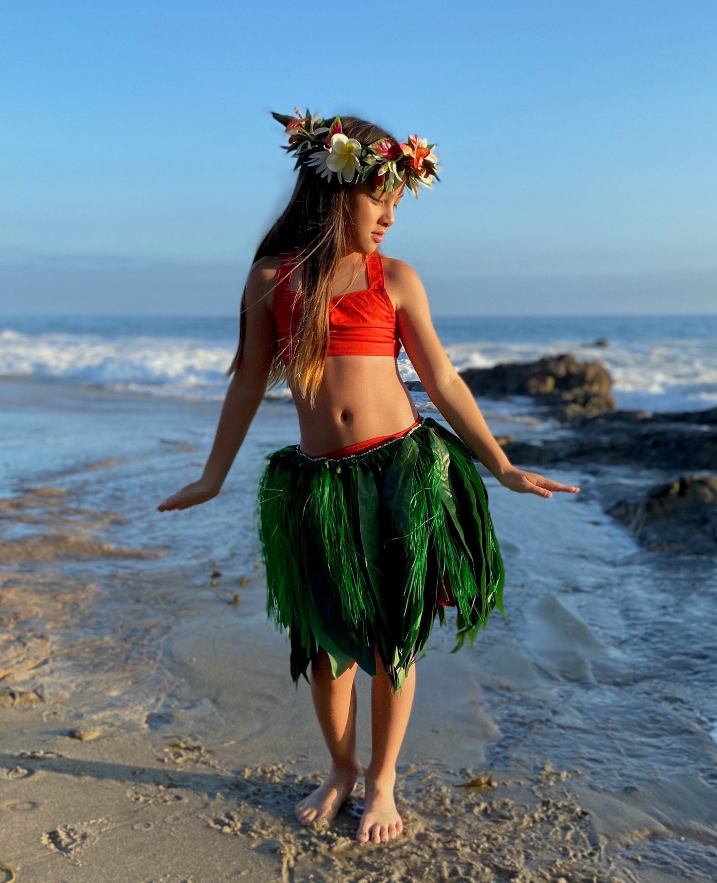 Keiki Silk Ti Leaf Skirt with Hawaiian Hau Mor'e Champion Grade Tamarii Premium Competition Quality Hula Kahiko Professional Photography