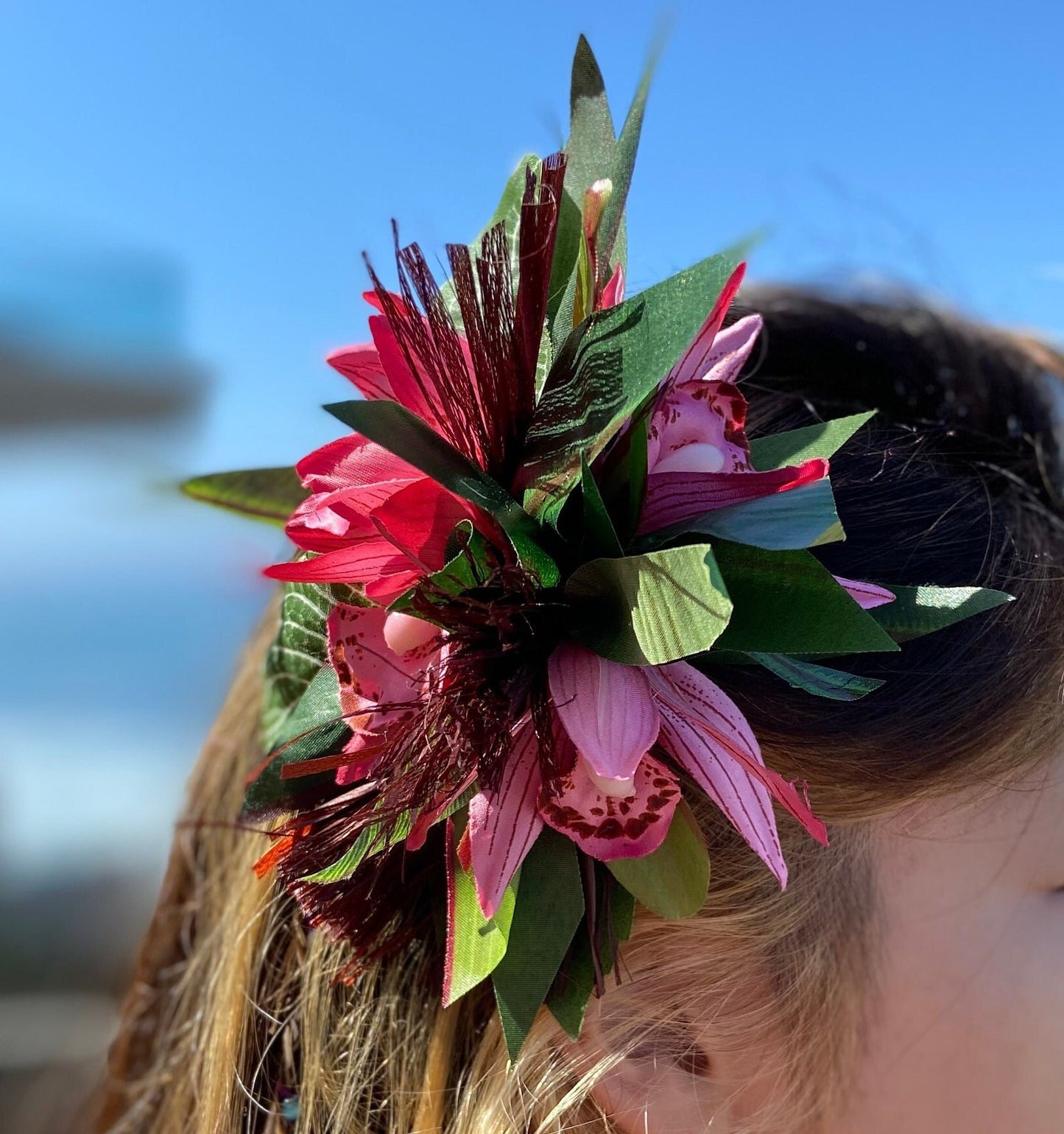 Hawaiian Hair Clip Tahitian Costume Adornment Princess Leopard Orchids & Samoan Hau Fau Hibiscus Fiber Artificial Ti Leaf Tropical Hair Pin