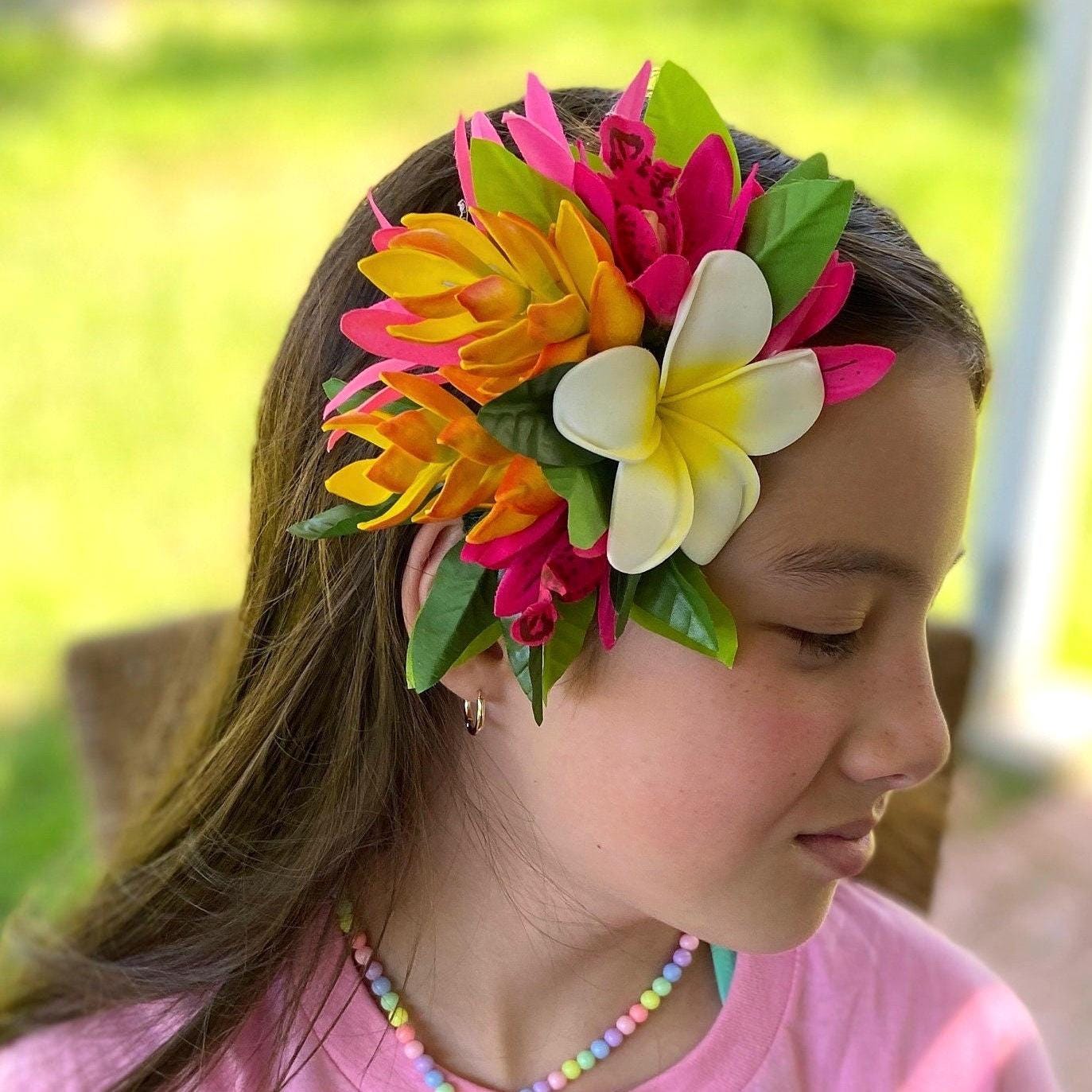 Hawaiian Ginger Plumeria Hair Clip Tahitian Headdress Costume Aparima Ahuroa Statement Piece Bridal Plumeria Artificial Ti Leaf Hair Pin