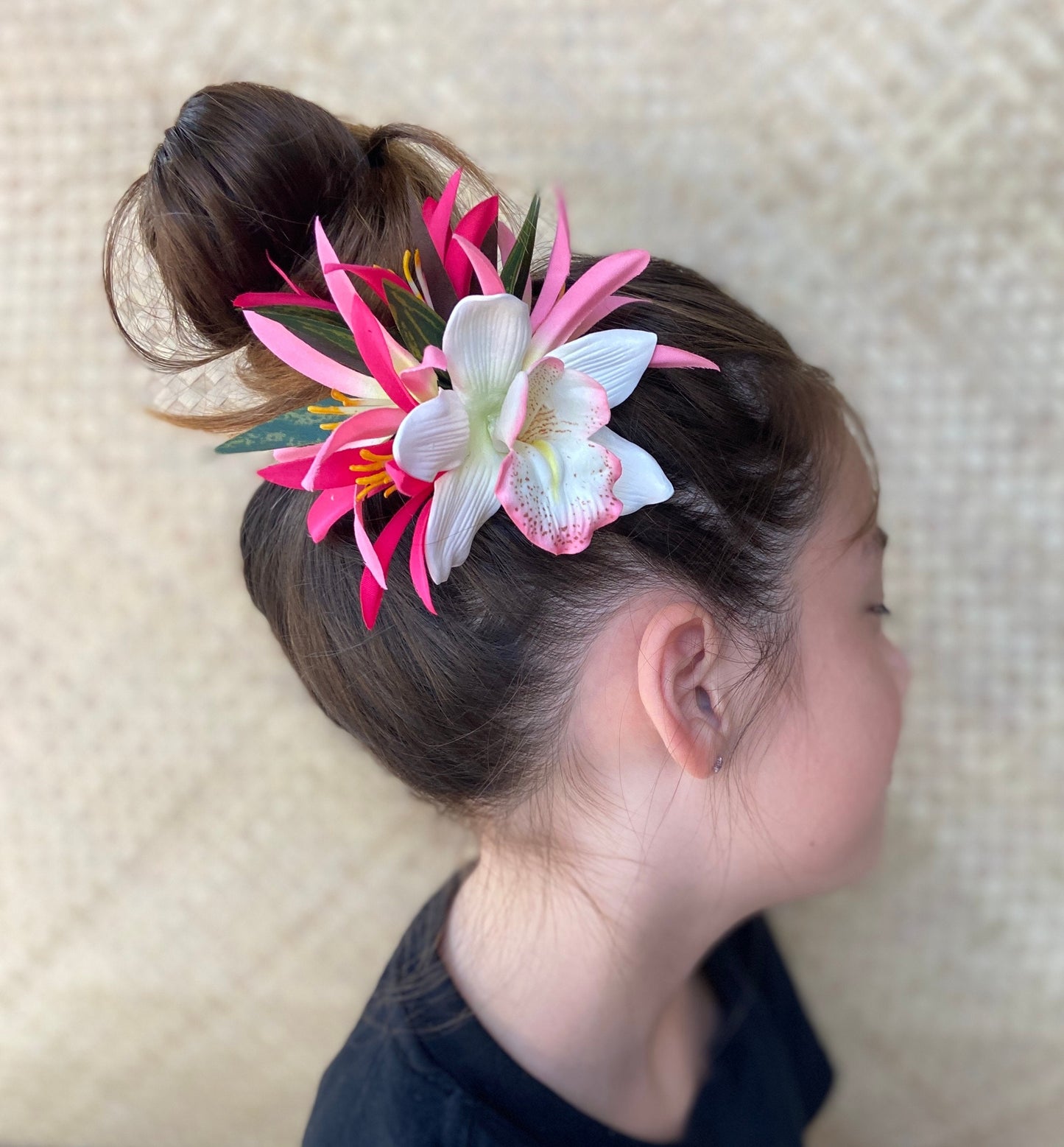 Hawaiian Flower Hair Clip Tahitian Costume Accessories Orchid & Spider Lily Artificial Ti Leaf Tropical Hairpin for Aparima Ahuroa Otea Solo