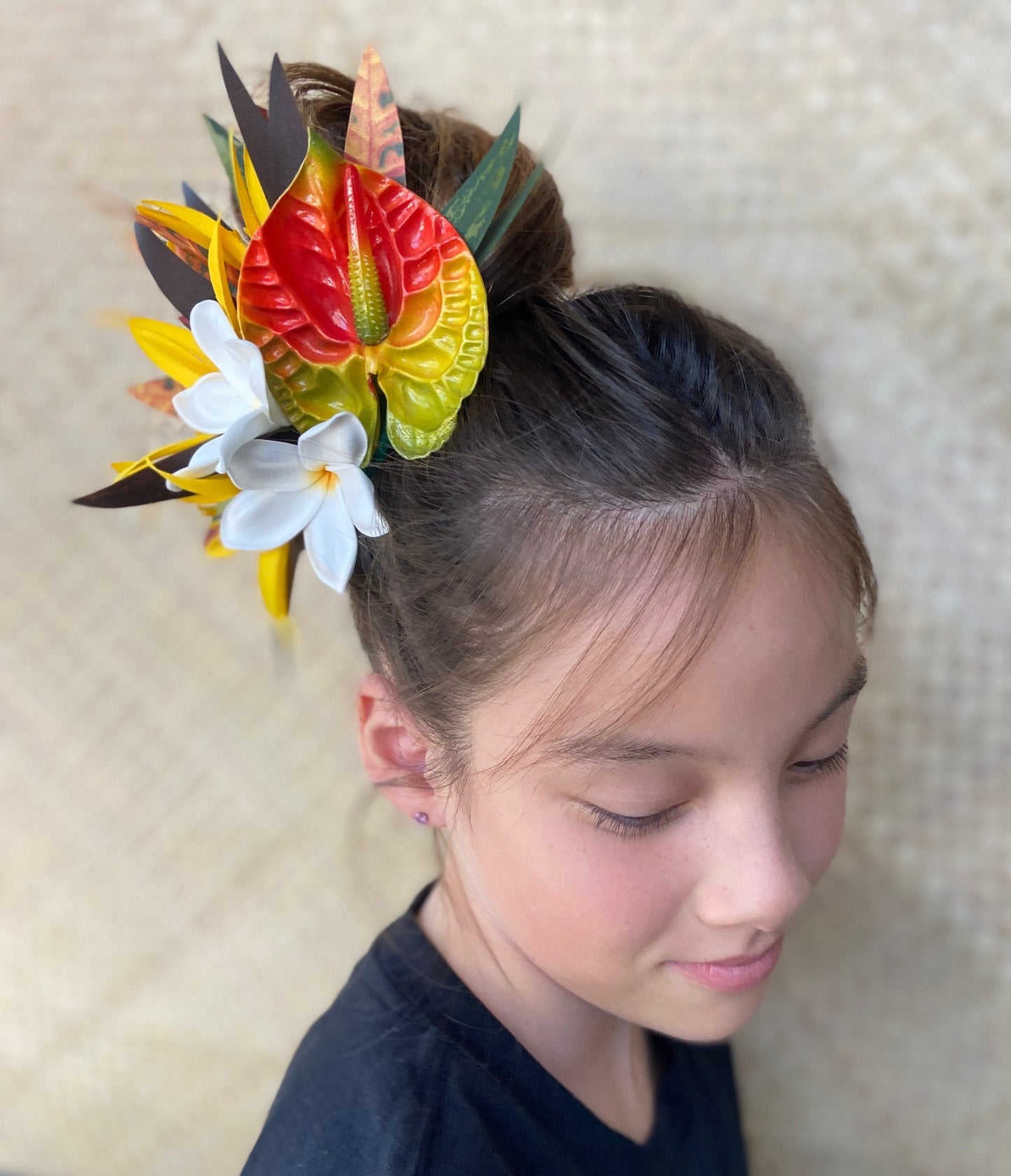 Royal Sunset Anthurium Hair Clip Tahitian Headdress Costume for Aparima Ahuroa Hula Statement Piece Bridal Plumeria Fascinator Hair Pin