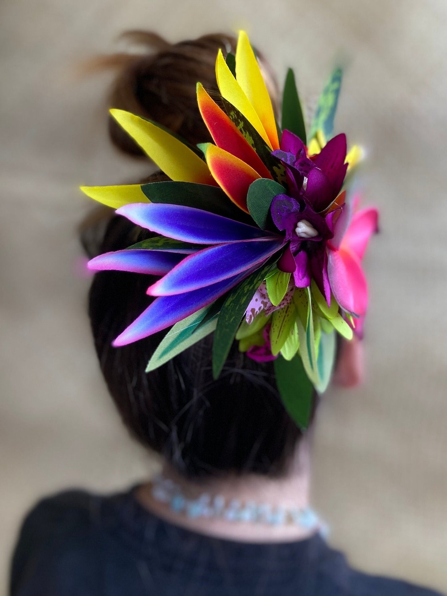 Tahitian Fascinator Hawaiian Hair Clip Aparima Ahuroa Statement Piece Plumeria Orchid Bird of Paradise Artificial Ti Leaf Tropical Hair Pin