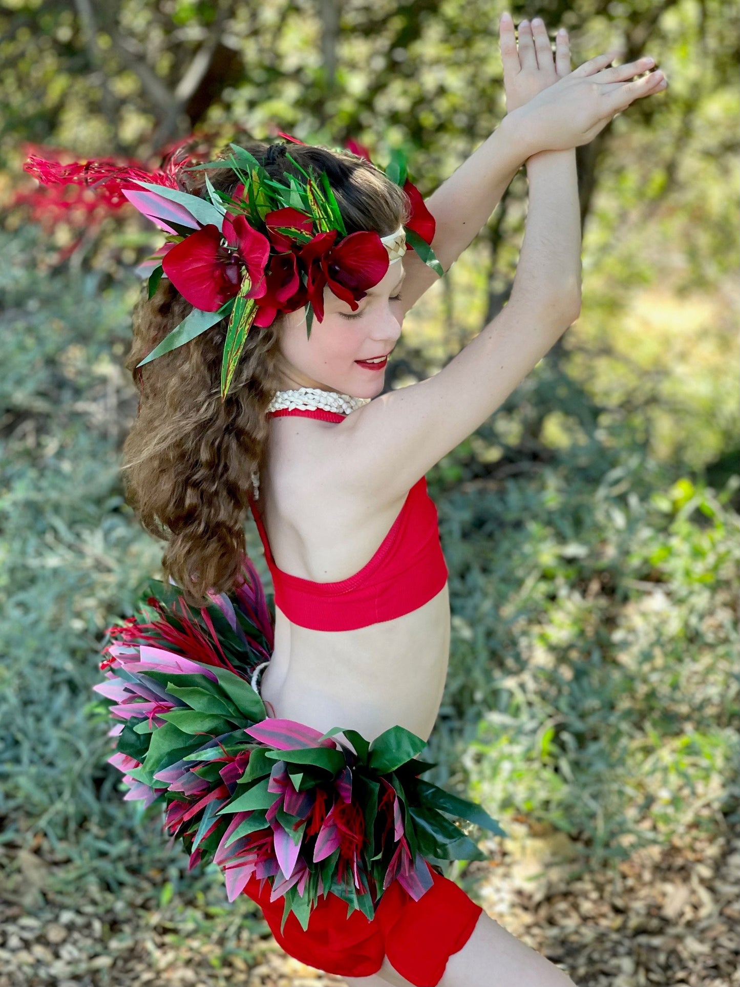 Keiki Half Hip Hei Plum Silk Ti Leaf Tamārii Performance Quality Competition Grade Reversible Belt Ori Tahiti Polynesian Dance Photoshoots
